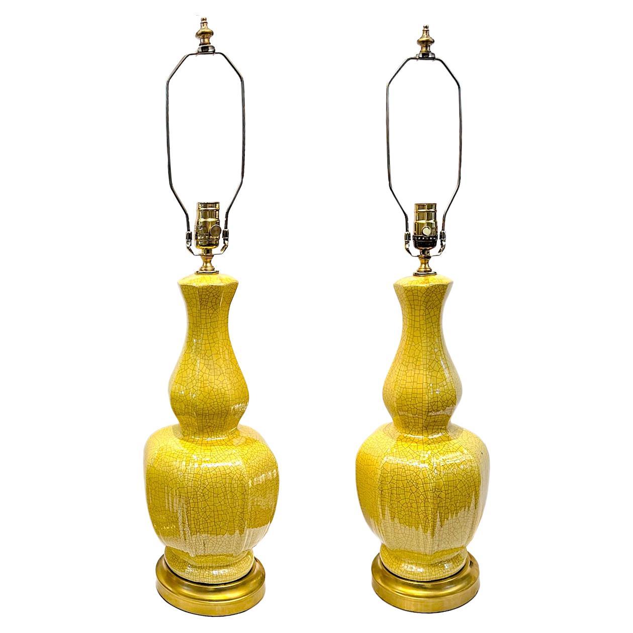 Pair of Yellow Porcelain Lamps For Sale