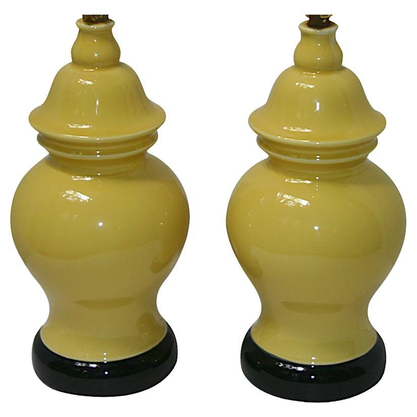 Pair of Yellow Porcelain Lamps For Sale