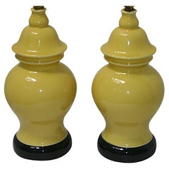 Retro Pair of Yellow Porcelain Lamps