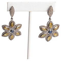 Pair of Yellow Sapphire, Blue Sapphire and Diamond Flower Motif Earrings