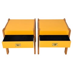 Pair of Yellow Scandinavian modern Pine single drawer nightstands brass handle