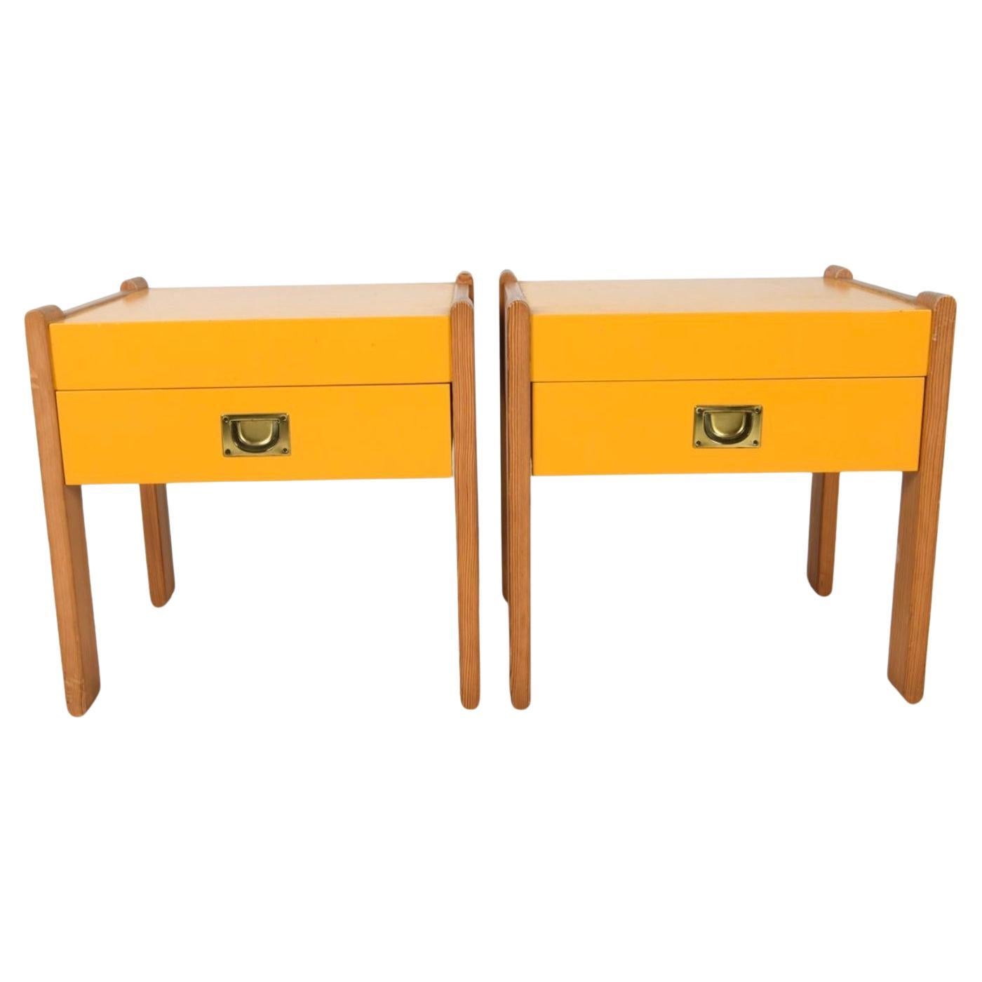 Pair of Yellow Scandinavian modern Pine single drawer nightstands brass handle