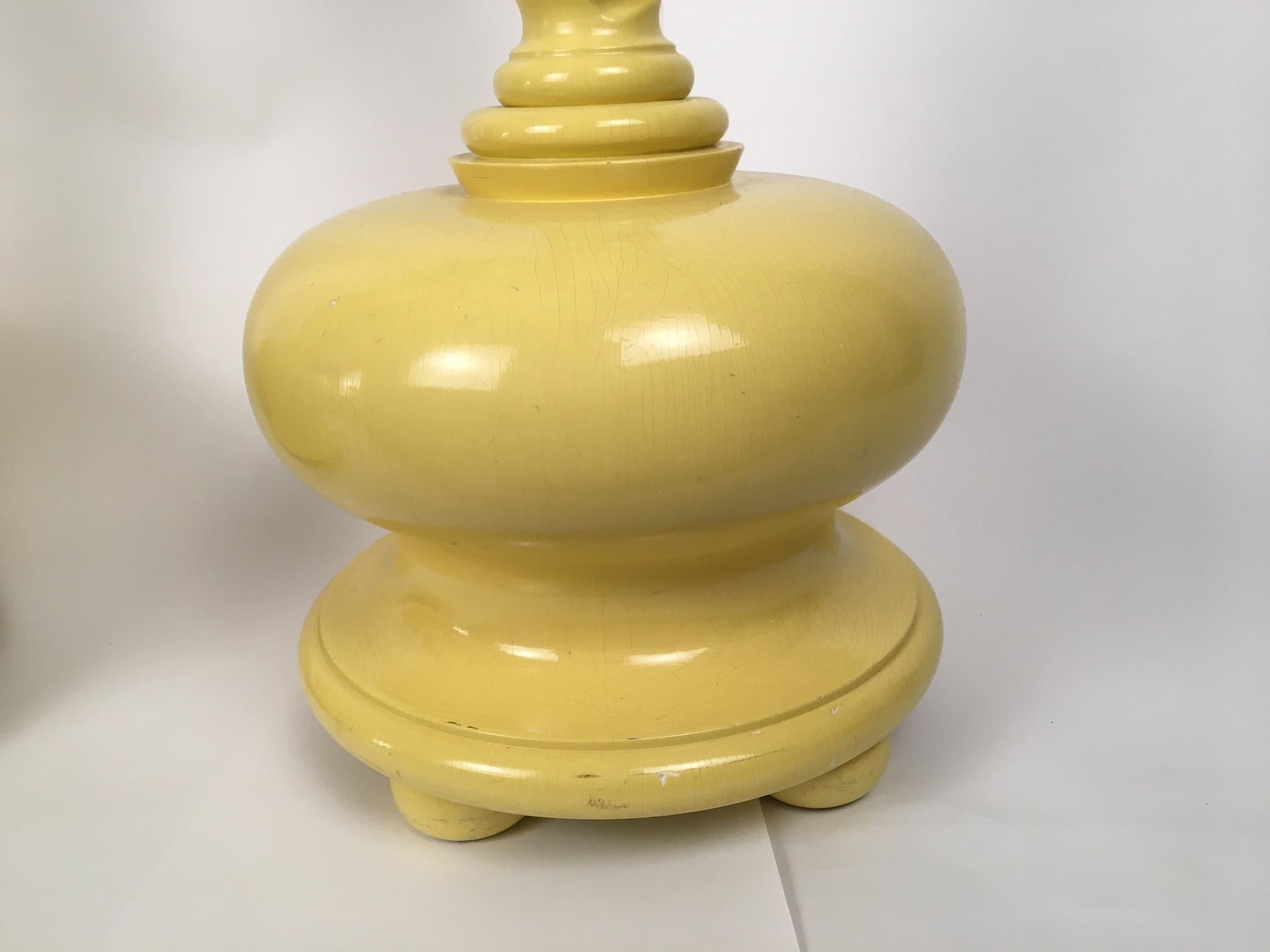 Hollywood Regency Pair of Yellow Spiral Twist Carved Wood Floor Lamps