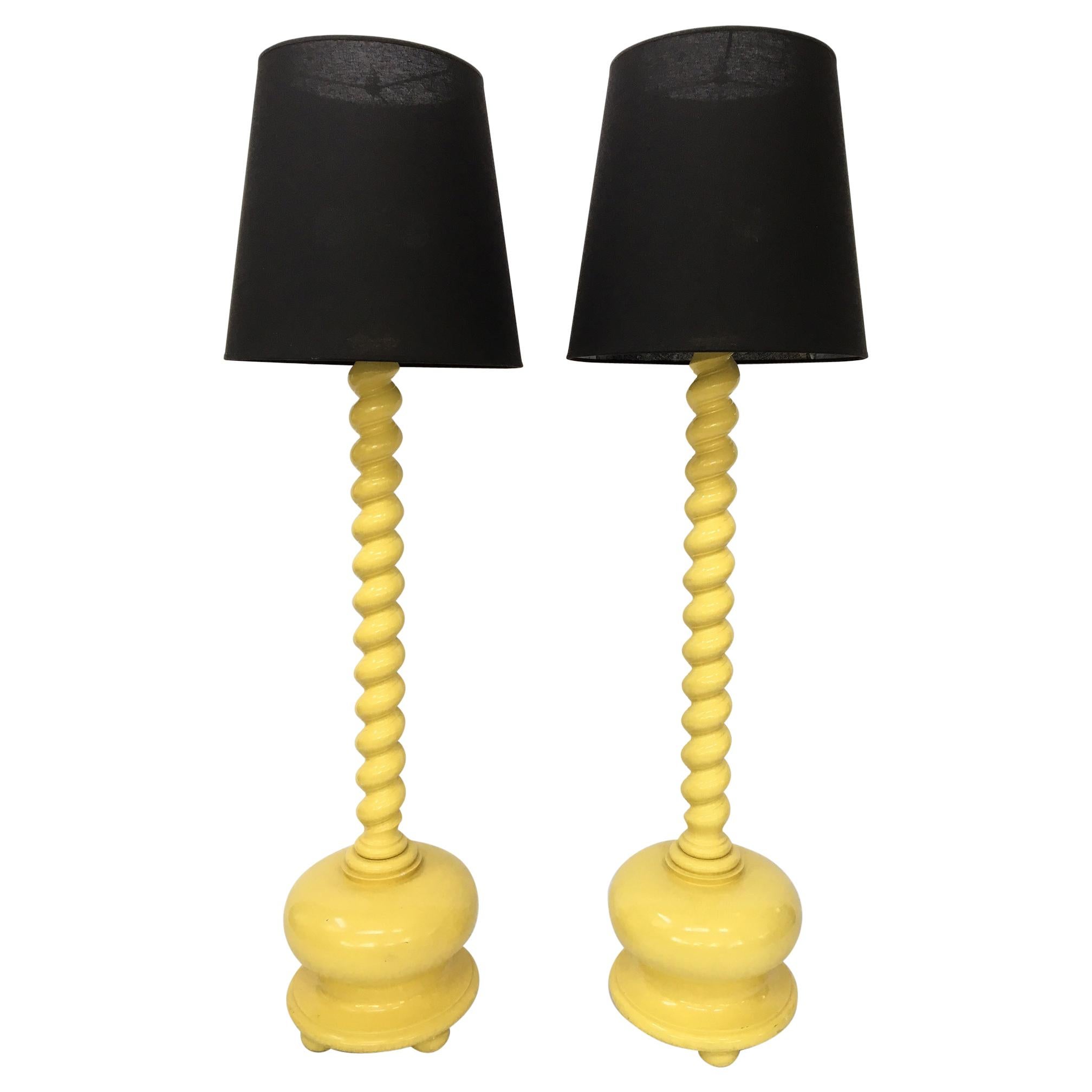 Pair of Yellow Spiral Twist Carved Wood Floor Lamps