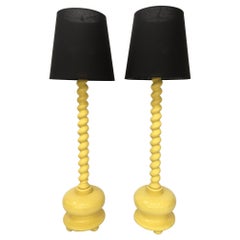 Pair of Yellow Spiral Twist Carved Wood Floor Lamps