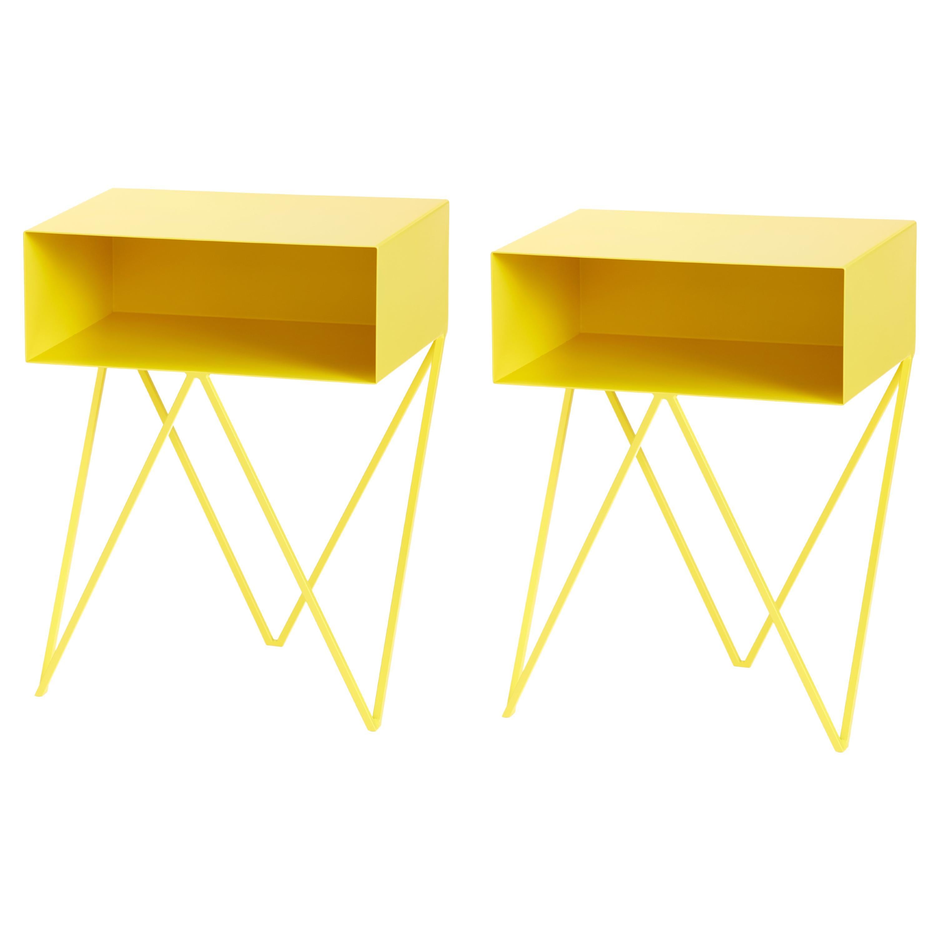 Pair of Yellow Steel Robot Bedside Tables / Nightstands