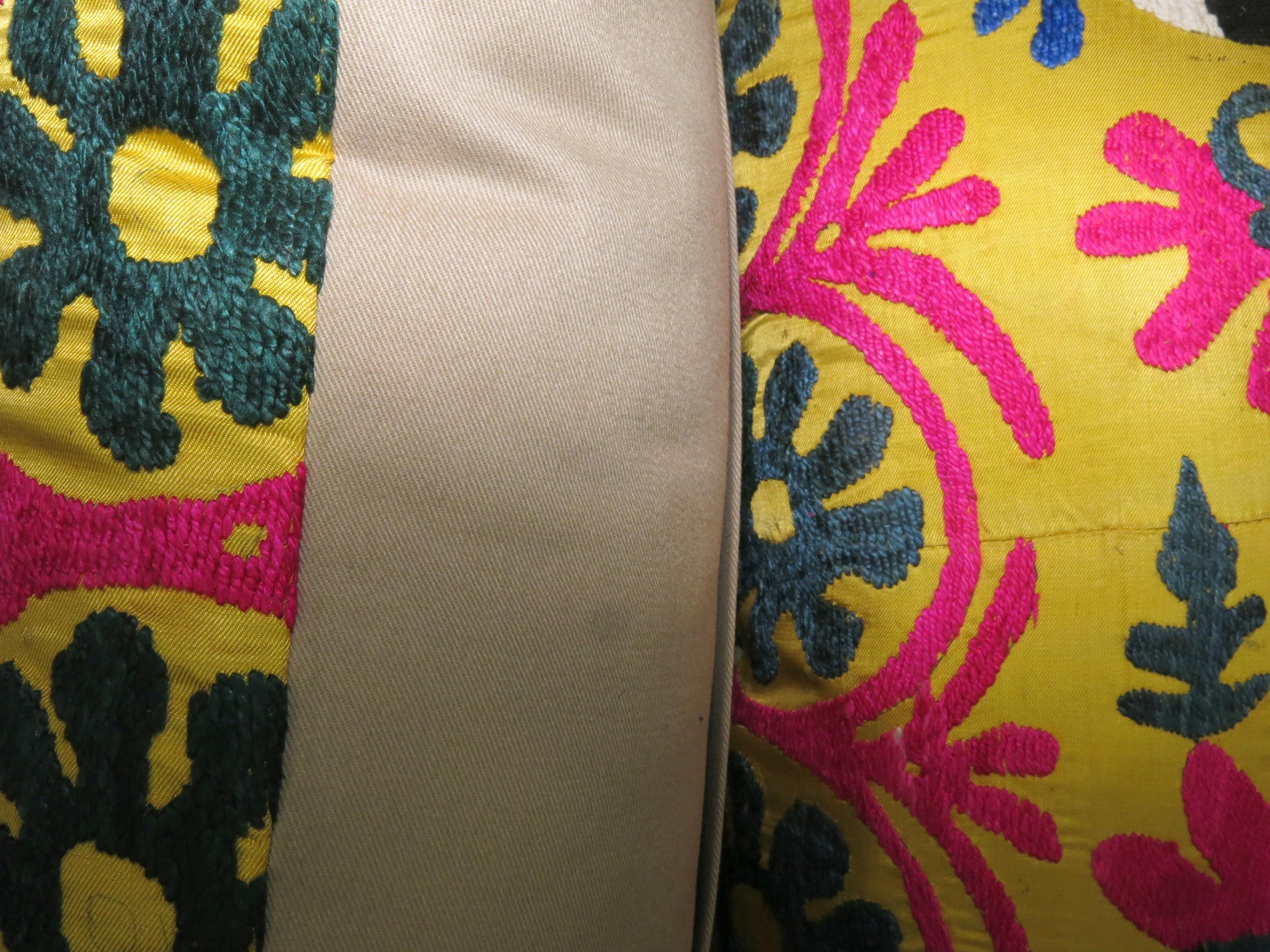 Uzbek Pair of Yellow Suzanni Textile Pillows