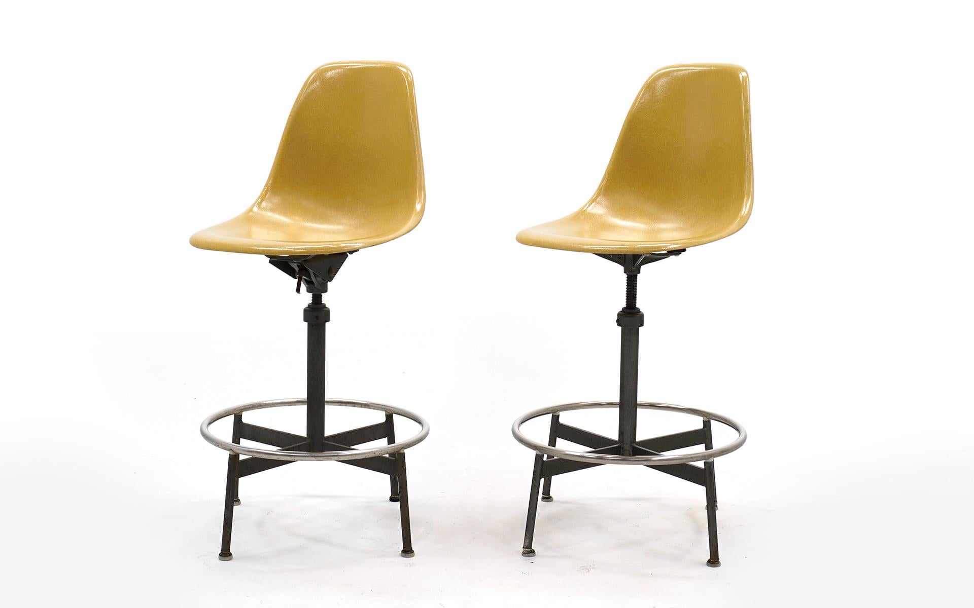 Rare paire de tabourets de bar / de dessinateurs avec des sièges sans bras en fibre de verre jaune en forme de seau / coquille conçus par Charles et Ray Eames sur des bases conçues par George Nelson. Tous deux sont réglables en hauteur. Les tiges