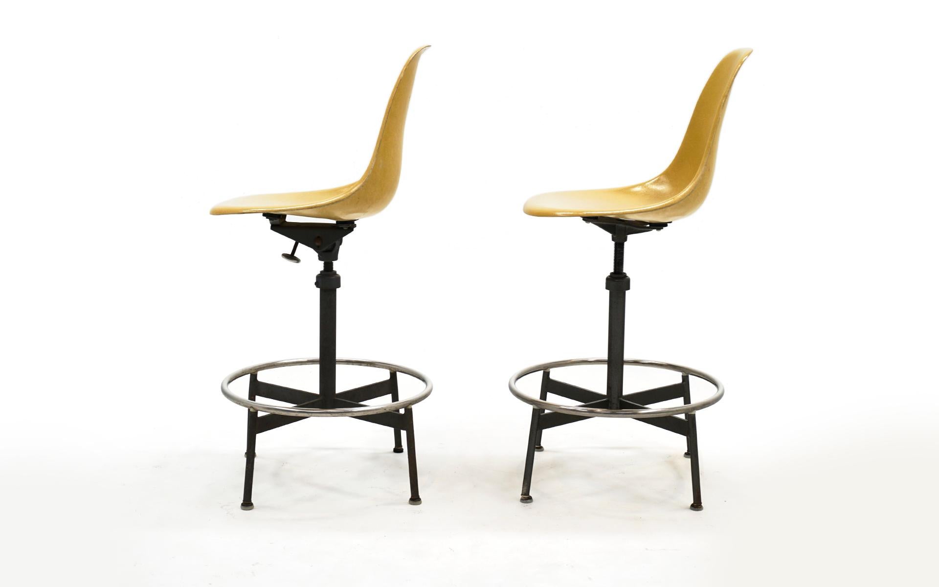 Mid-Century Modern Pair of Yellow, Swivel Barstools / Drafting Stools by Charles and Ray Eames For Sale