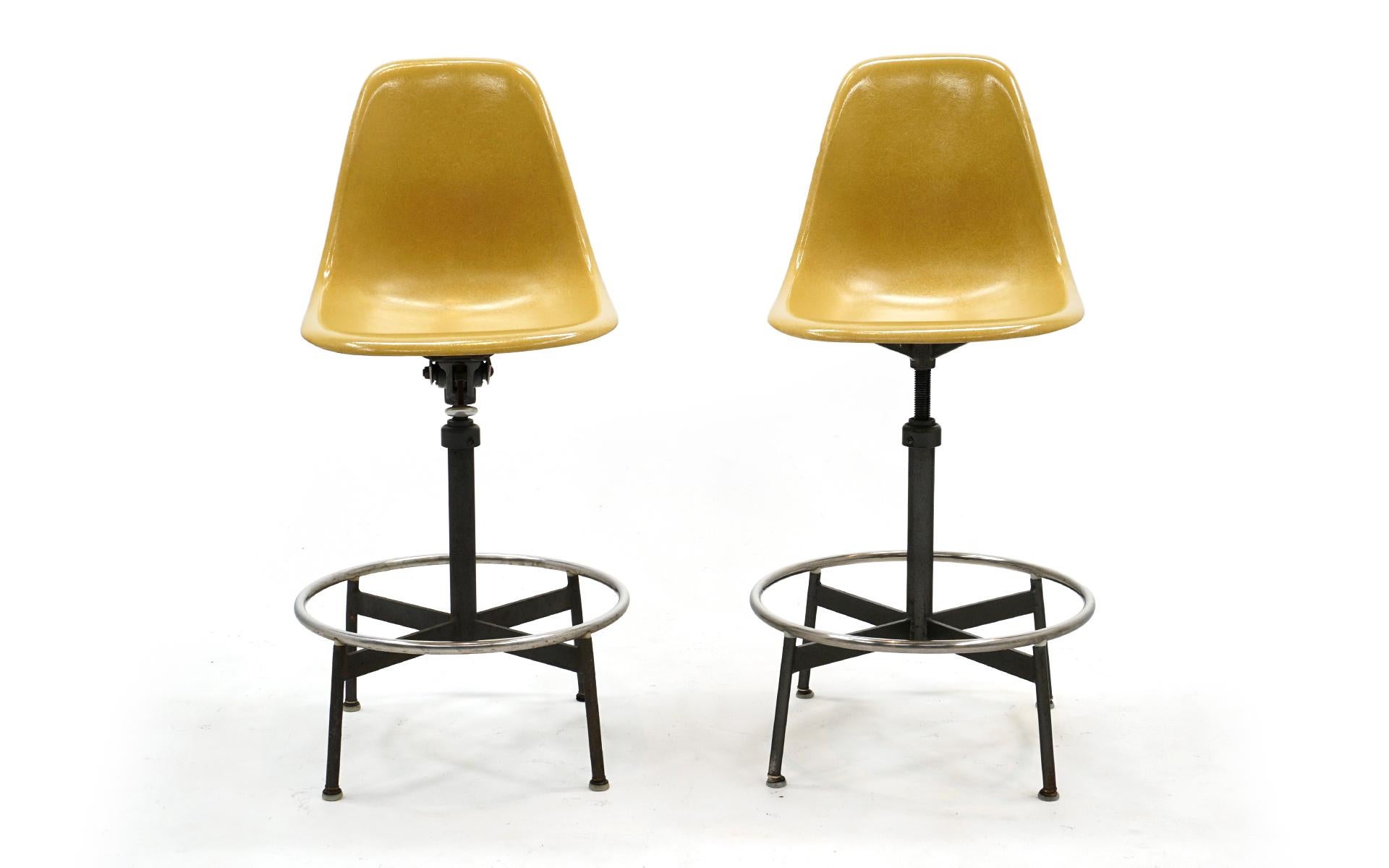 Pair of Yellow, Swivel Barstools / Drafting Stools by Charles and Ray Eames In Good Condition For Sale In Kansas City, MO