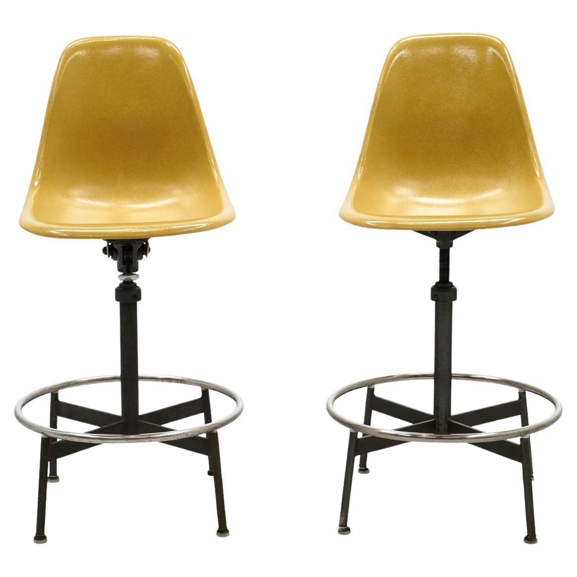 Pair of Yellow, Swivel Barstools / Drafting Stools by Charles and Ray Eames For Sale