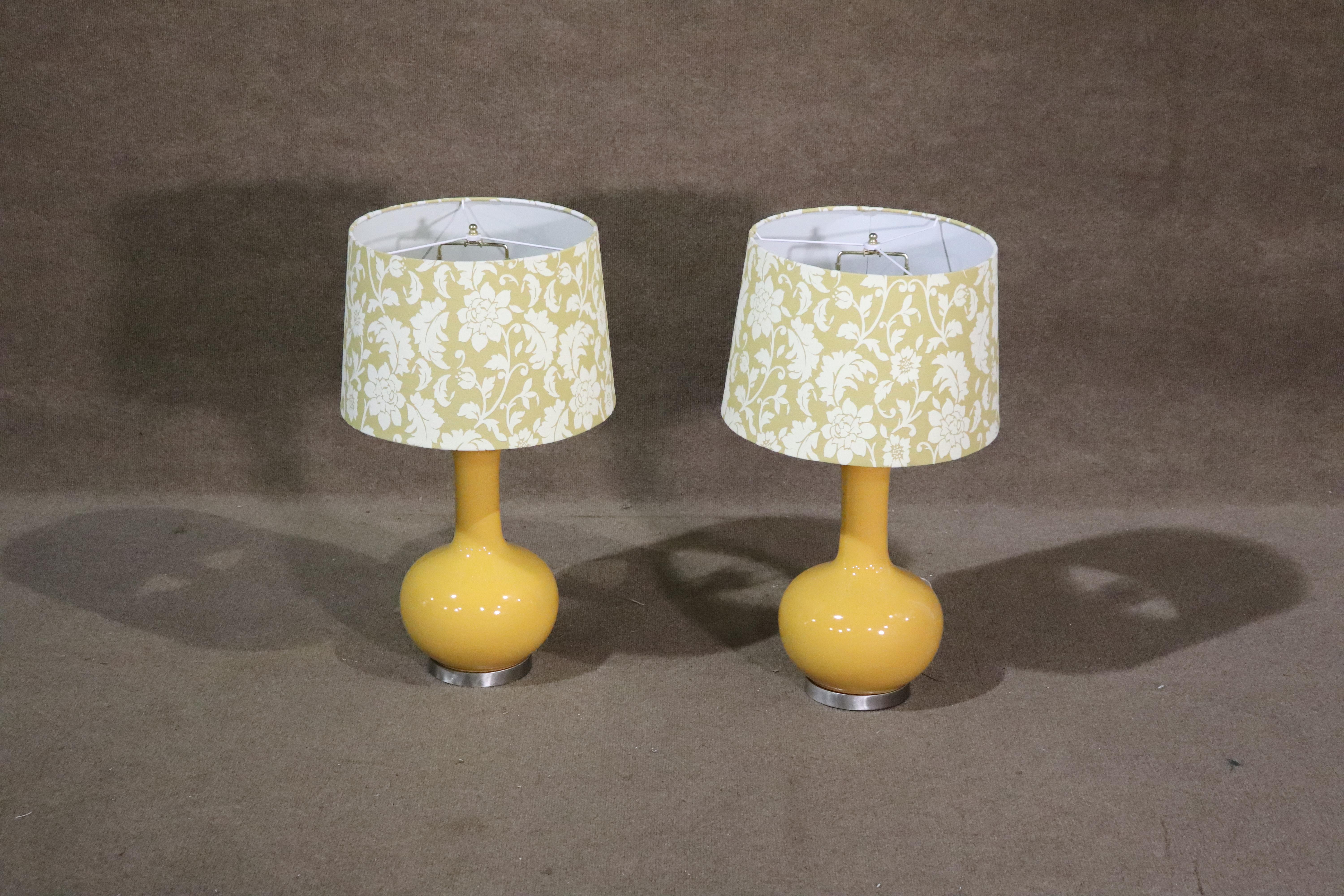 Fabric Pair of Yellow Table Lamps For Sale