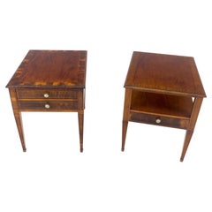 Pair of Yew Wood Banded Two & One Drawer End Tables Nightstands Tapered Leg MINT