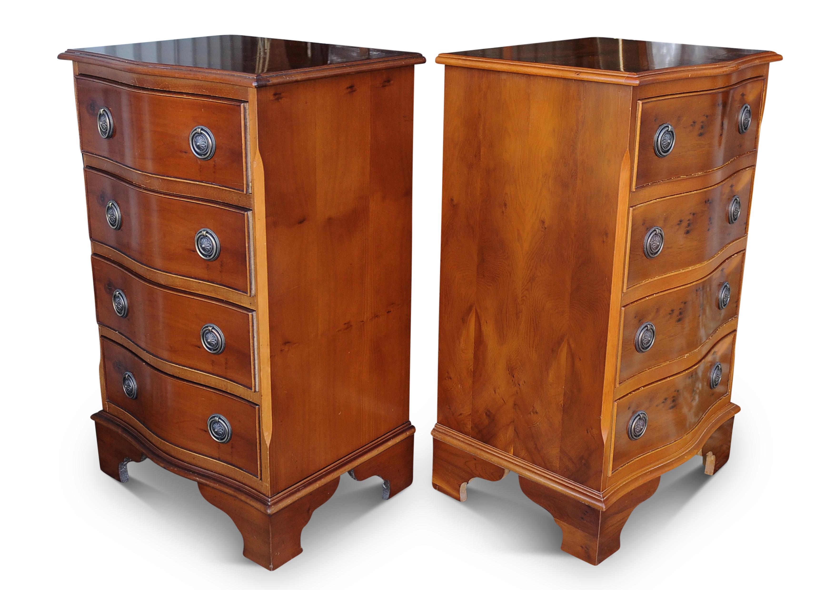 British Pair of Yew Wood Serpentine Front Four Drawer Bedside Cabinets For Sale