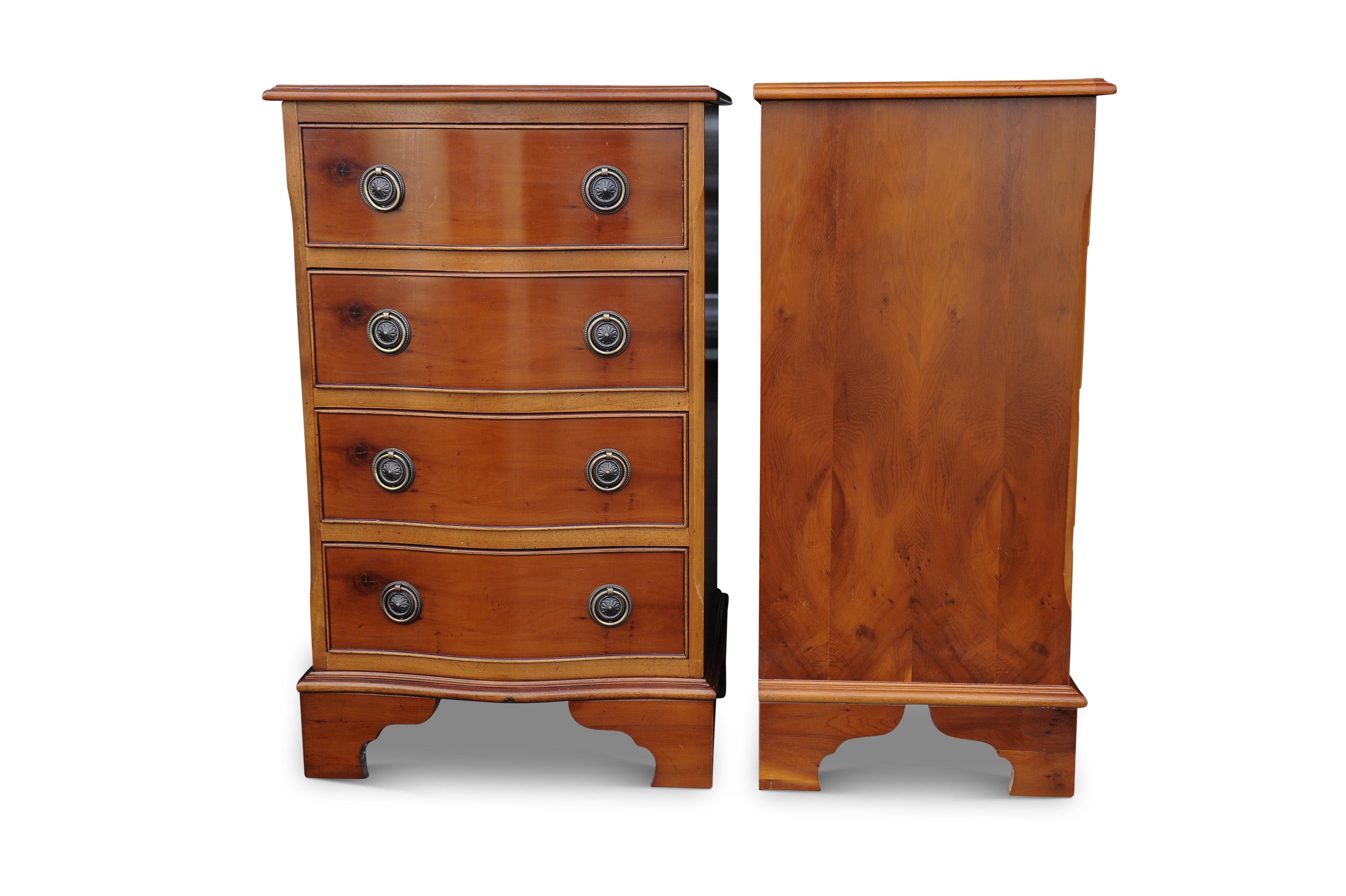 Veneer Pair of Yew Wood Serpentine Front Four Drawer Bedside Cabinets For Sale