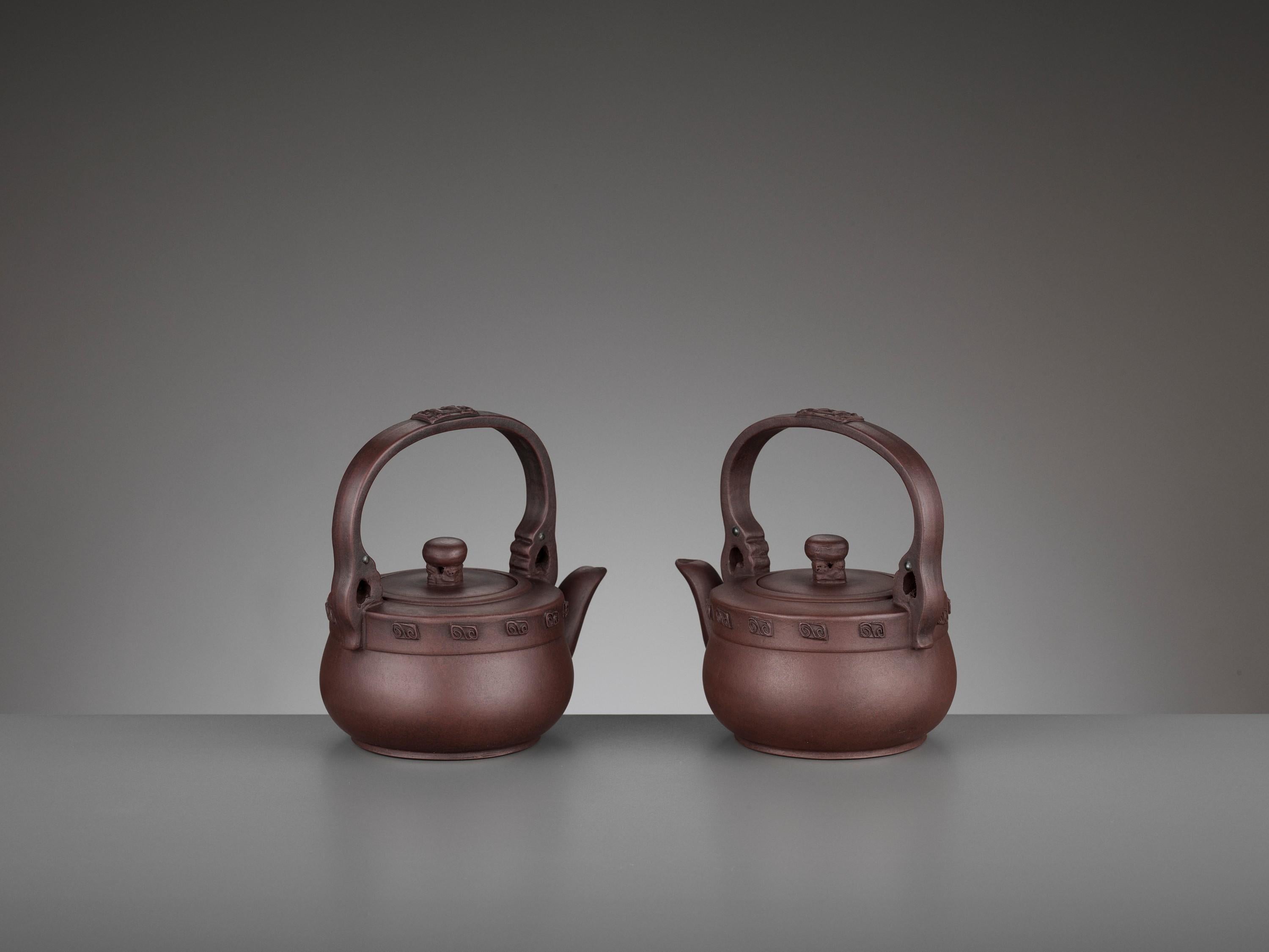 Pair of Yixing Teapots, Signed Qian Hongxian, China, 20th Century For Sale 4