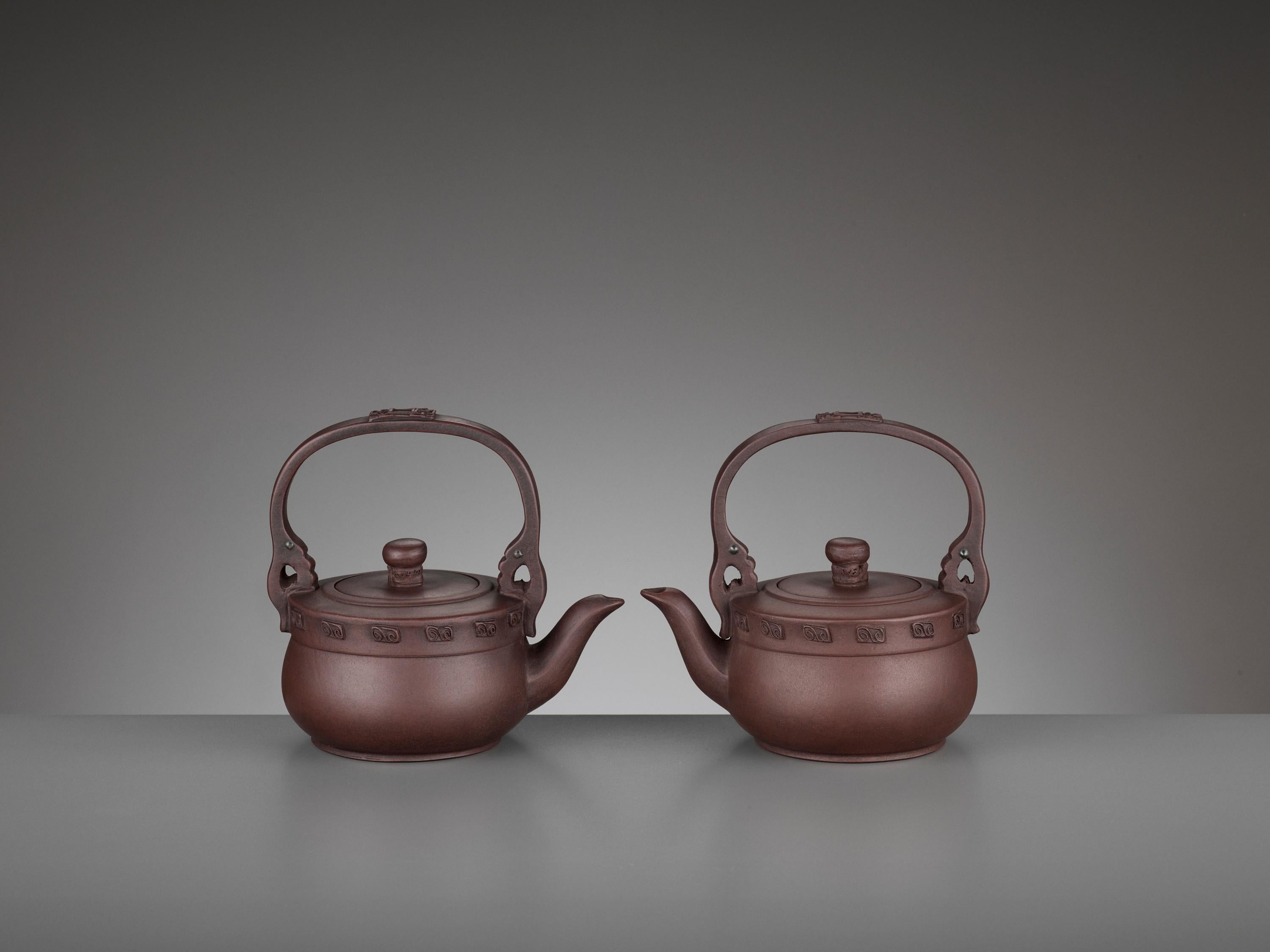 Pair of Yixing Teapots, Signed Qian Hongxian, China, 20th Century For Sale 3