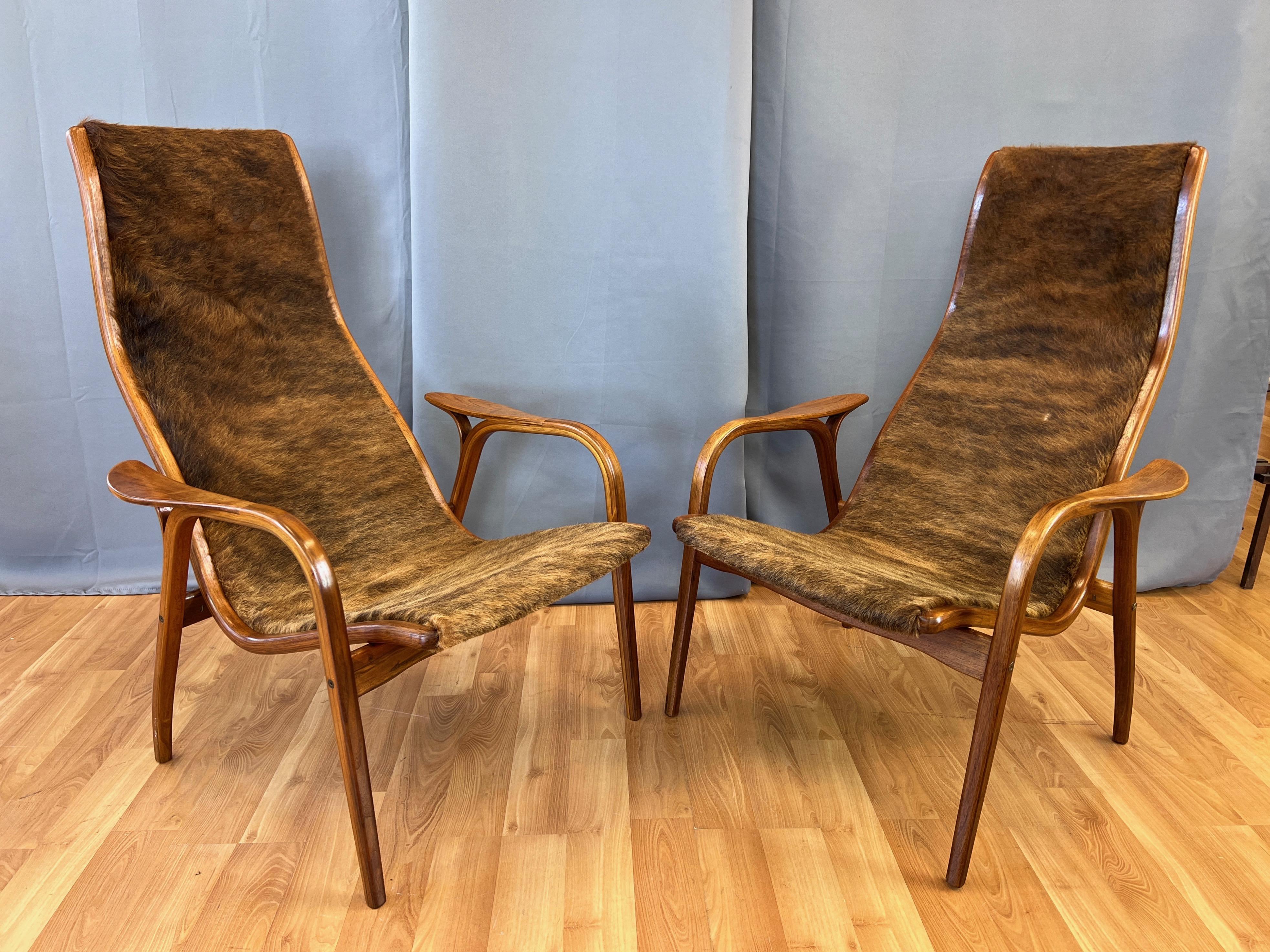 Pair of Yngve Ekström Lamino Teak with Cowhide Lounge Chairs for Swedese, 1950s 5