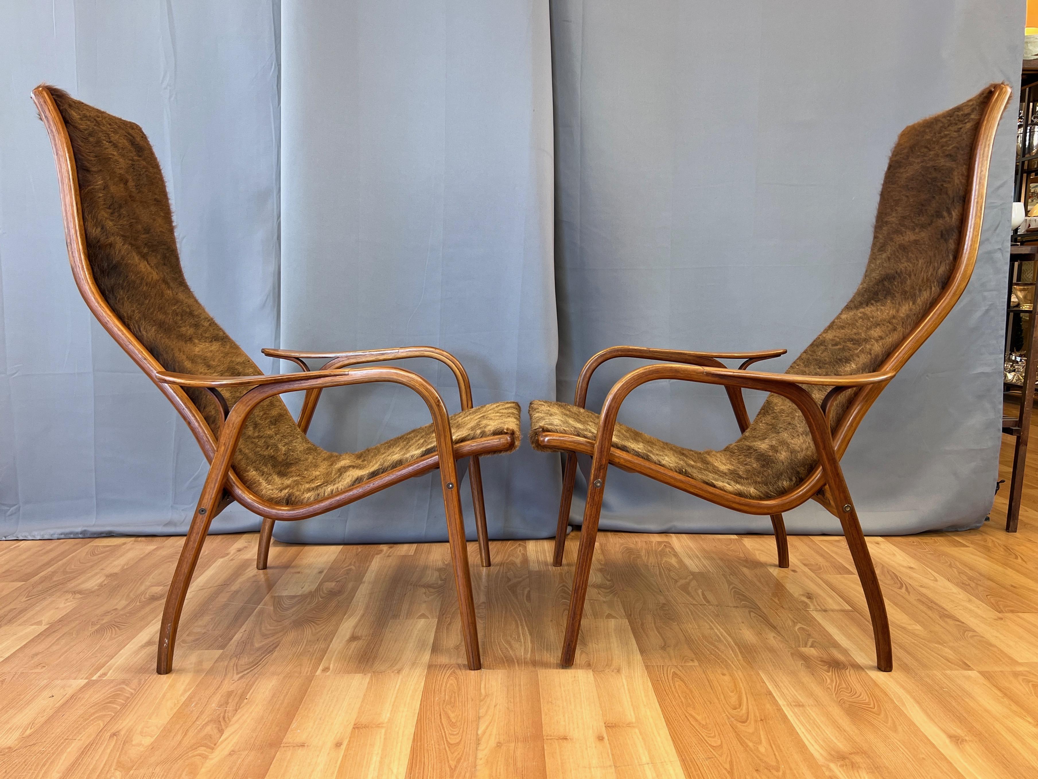 Pair of Yngve Ekström Lamino Teak with Cowhide Lounge Chairs for Swedese, 1950s 2