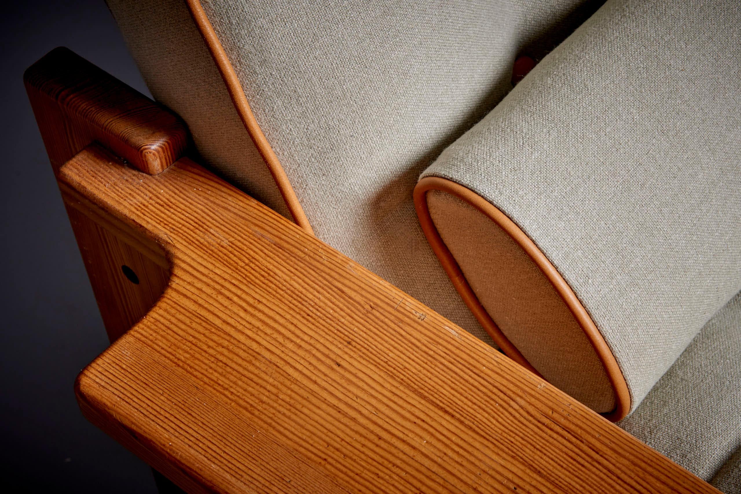 Pair of Yngve Ekström Lounge Chairs for Swedese, 1960s
We recovered the seats with a down pillow top on cold foam and added leather piping and leather buttons.
The wood is a clear pine with a beautiful patina.