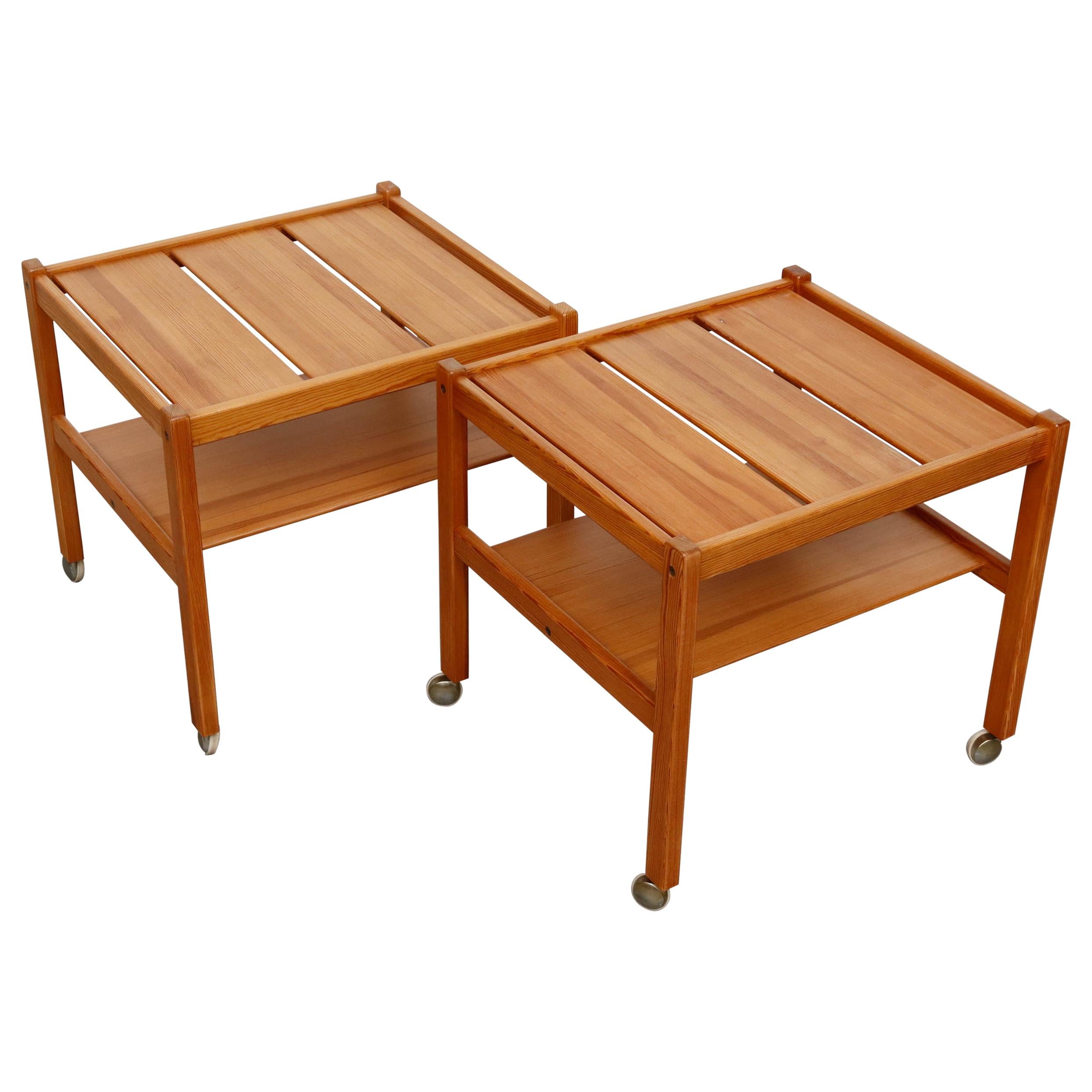 Pair of Yngve Ekstrom Pine Rolling Carts or Side Tables