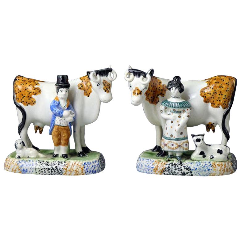 Pair of Yorkshire Pottery Figures of Cows Prattware, Early 19th Century For Sale