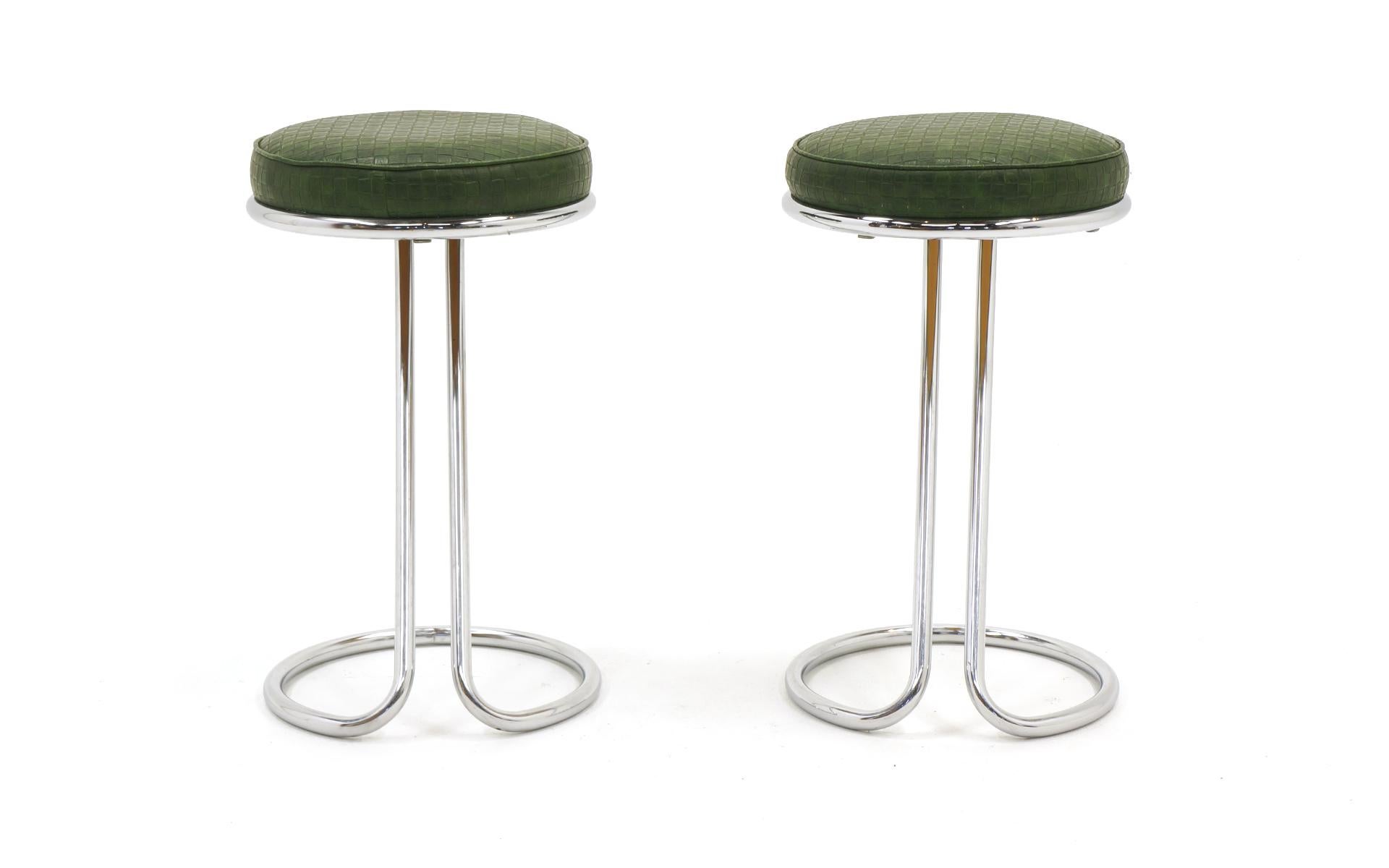 Mid-Century Modern Pair of Z-Counter Height Barstools by Gilbert Rohde for Troy Sunshade Co. Signed
