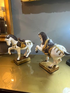 Pair of Zaccacnini prancing horses in enamelled terracotta from the 60s