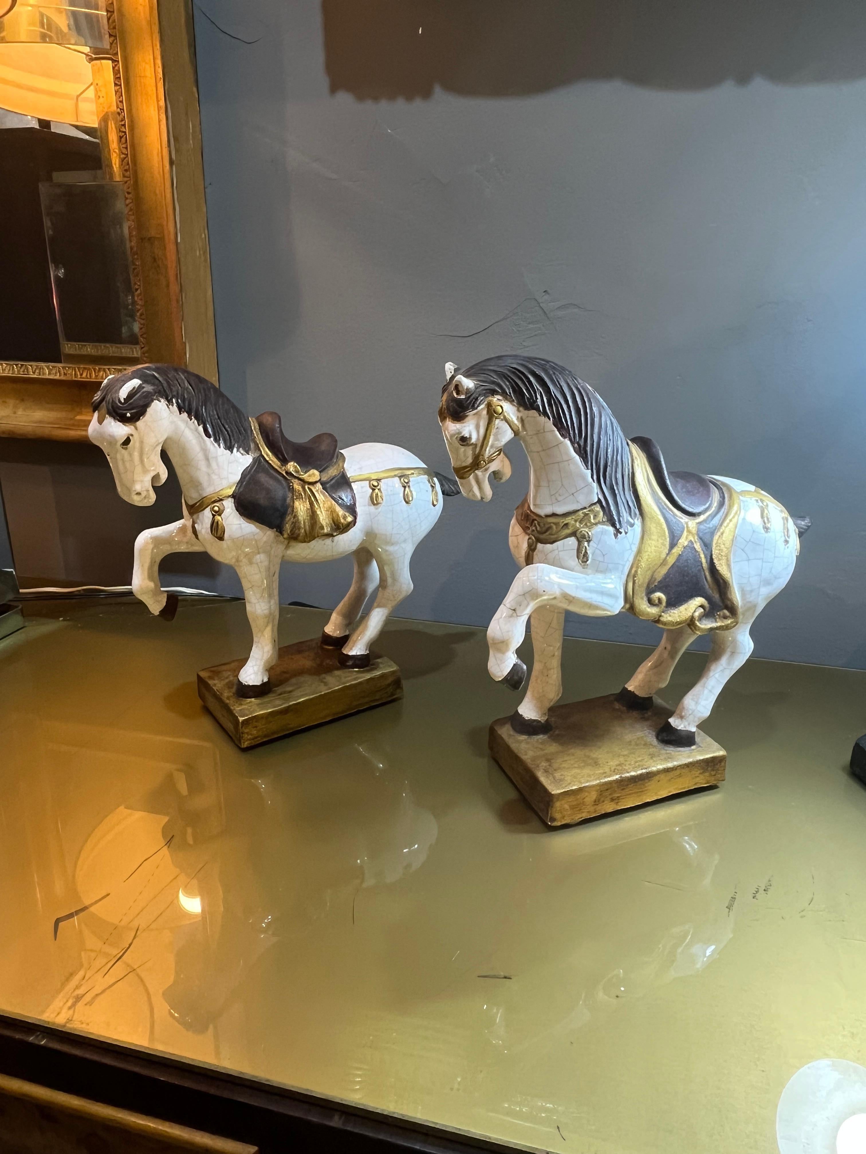 Italian Pair of Zaccacnini prancing horses in enamelled terracotta from the 60s in vendita