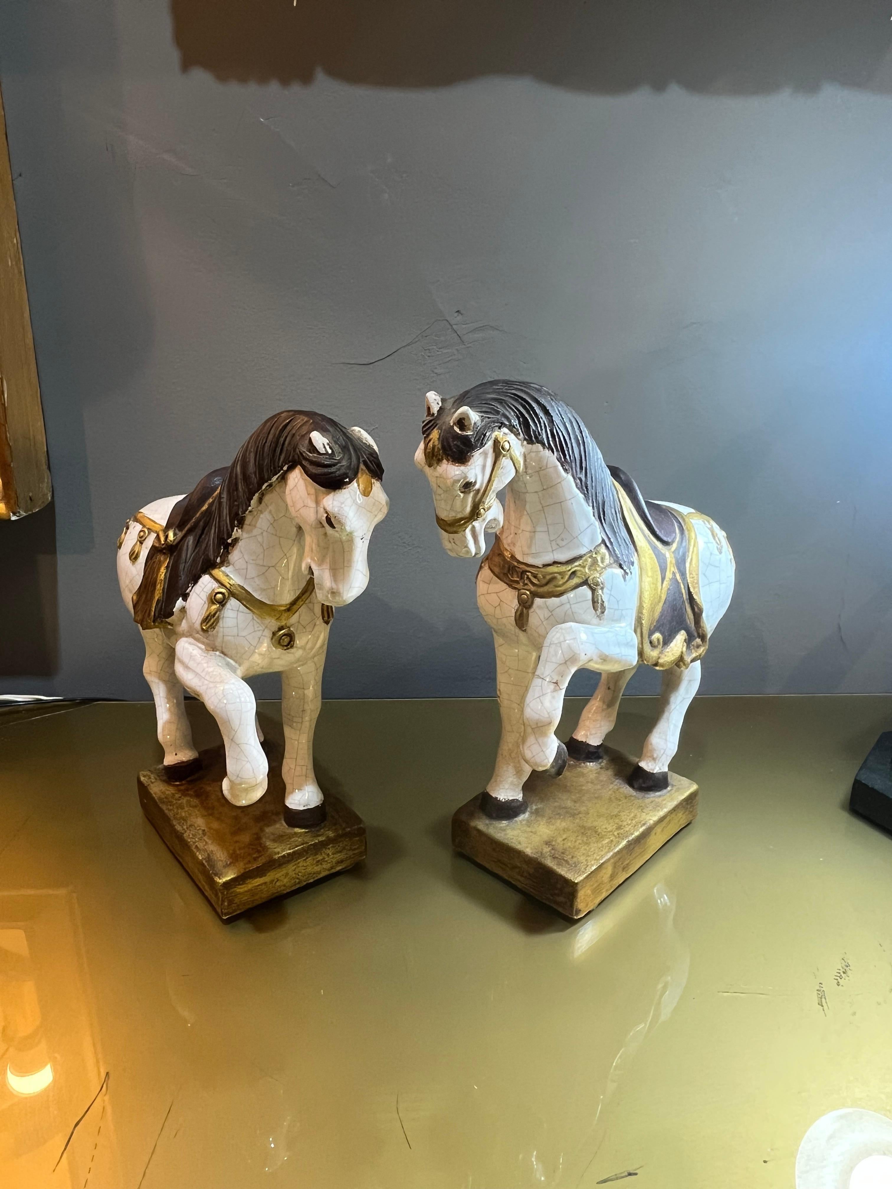 Mid-20th Century Pair of Zaccacnini prancing horses in enamelled terracotta from the 60s in vendita
