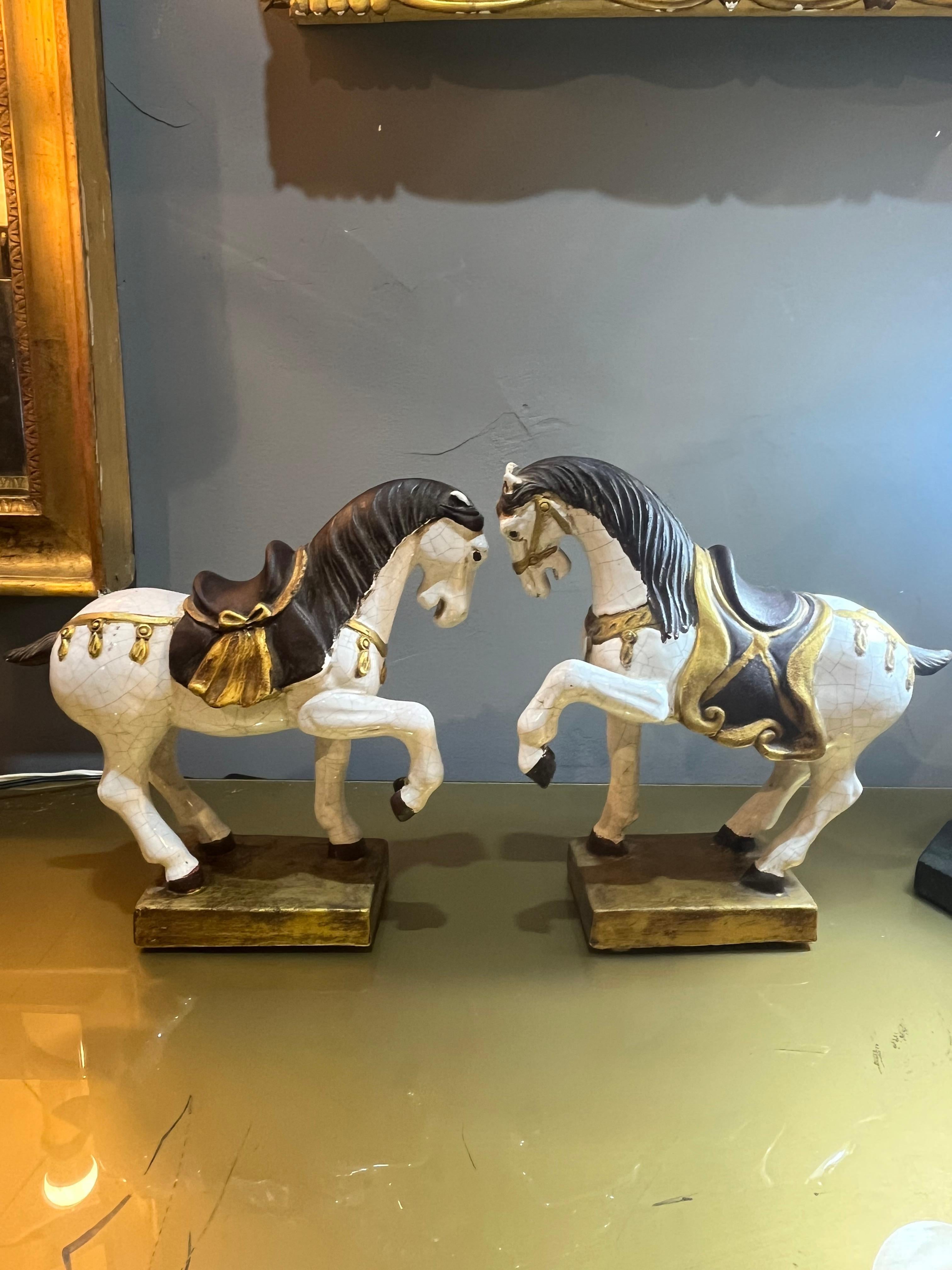 Terracotta Pair of Zaccacnini prancing horses in enamelled terracotta from the 60s in vendita