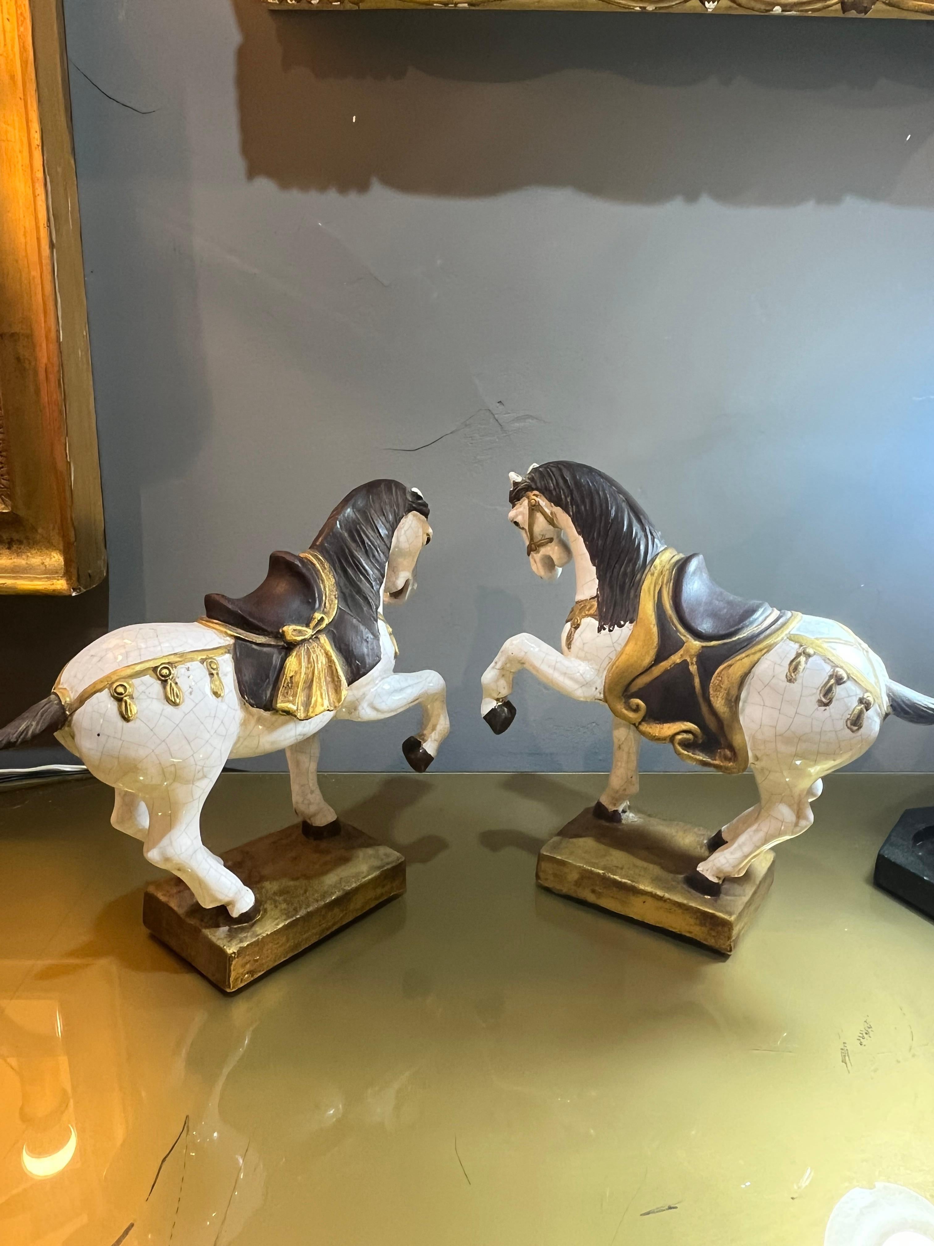 Pair of Zaccacnini prancing horses in enamelled terracotta from the 60s in vendita 1