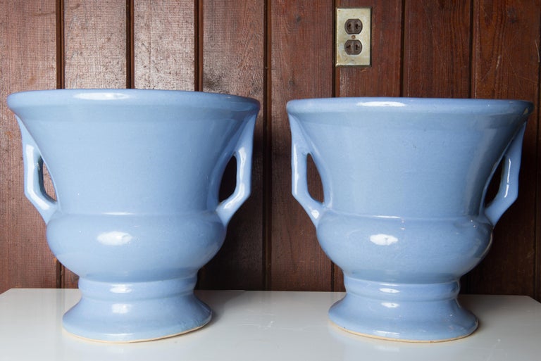 American Pair of Zanesville Blue Pottery Urns For Sale