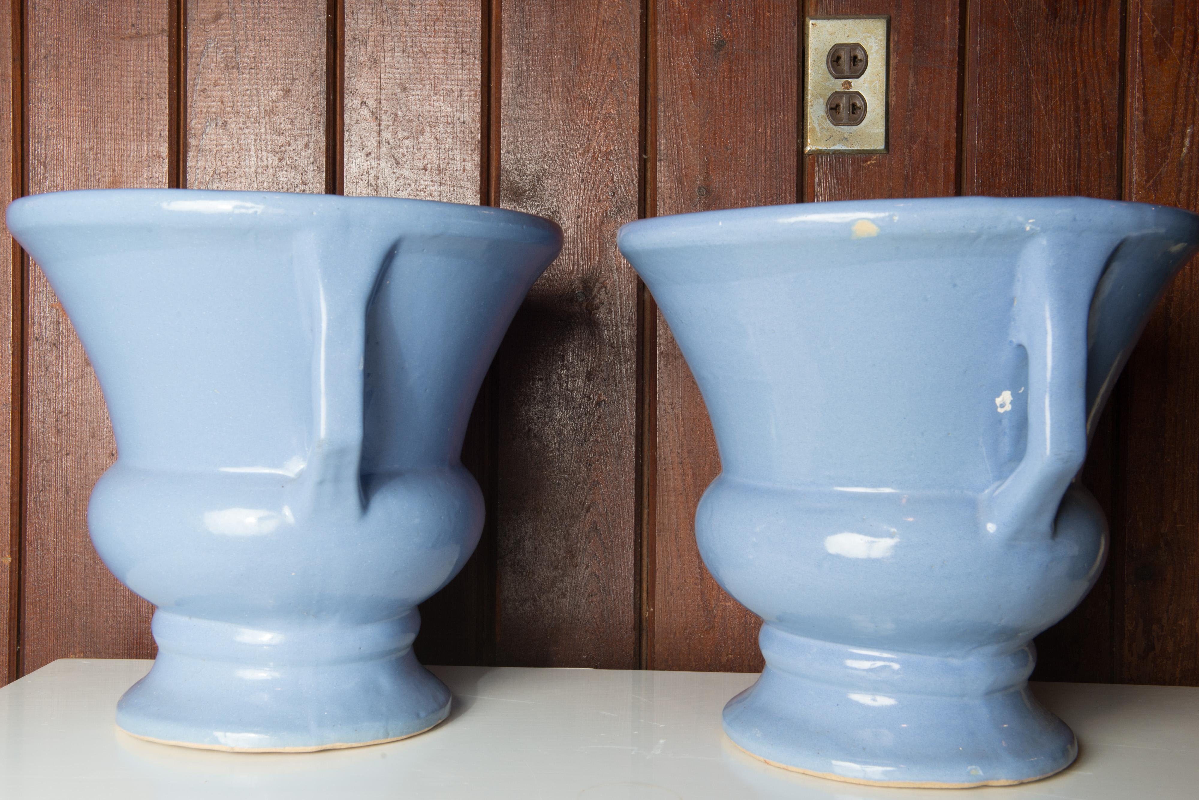 Pair of Zanesville Blue Pottery Urns For Sale 1