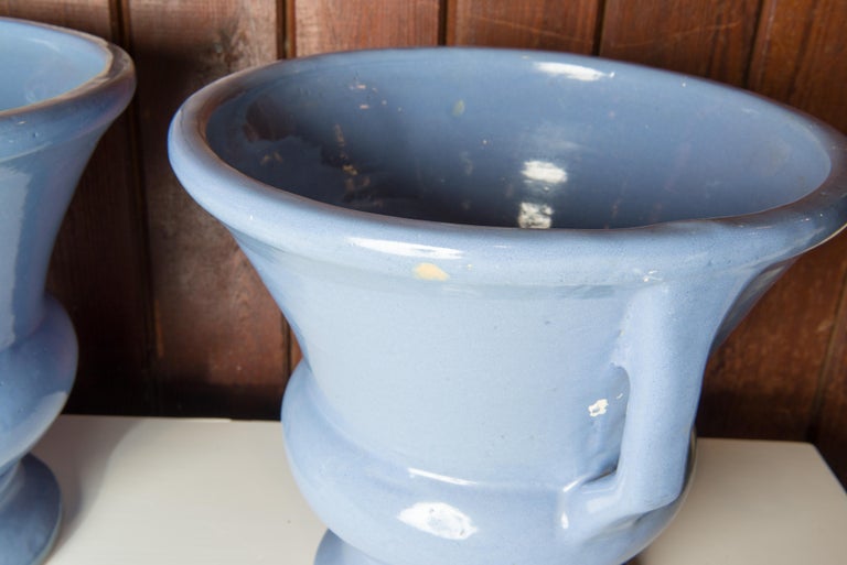 Pair of Zanesville Blue Pottery Urns For Sale 2