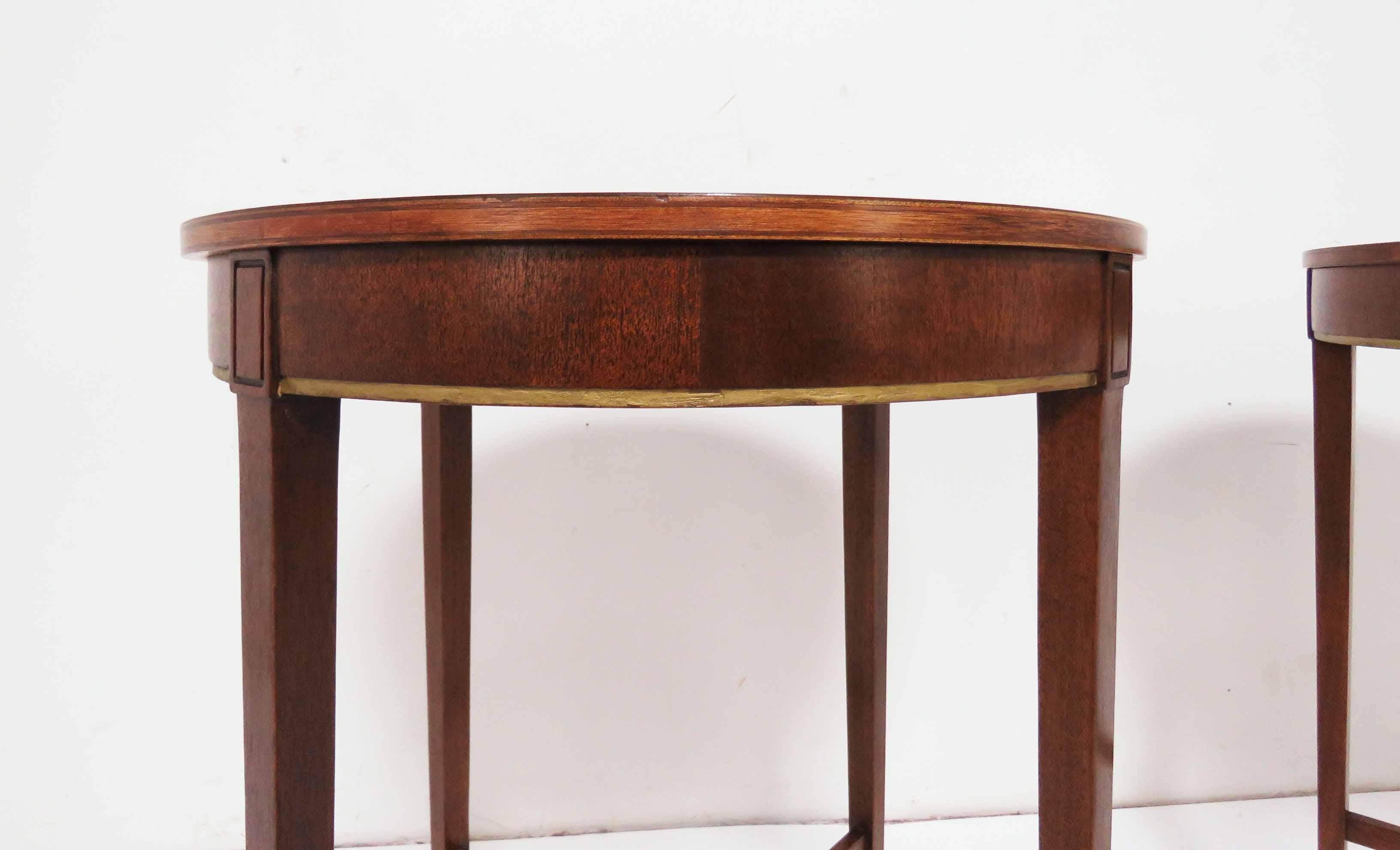 Pair of Zangerle and Petersen Mahogany Side Tables with Leather Tops circa 1940s In Good Condition In Peabody, MA