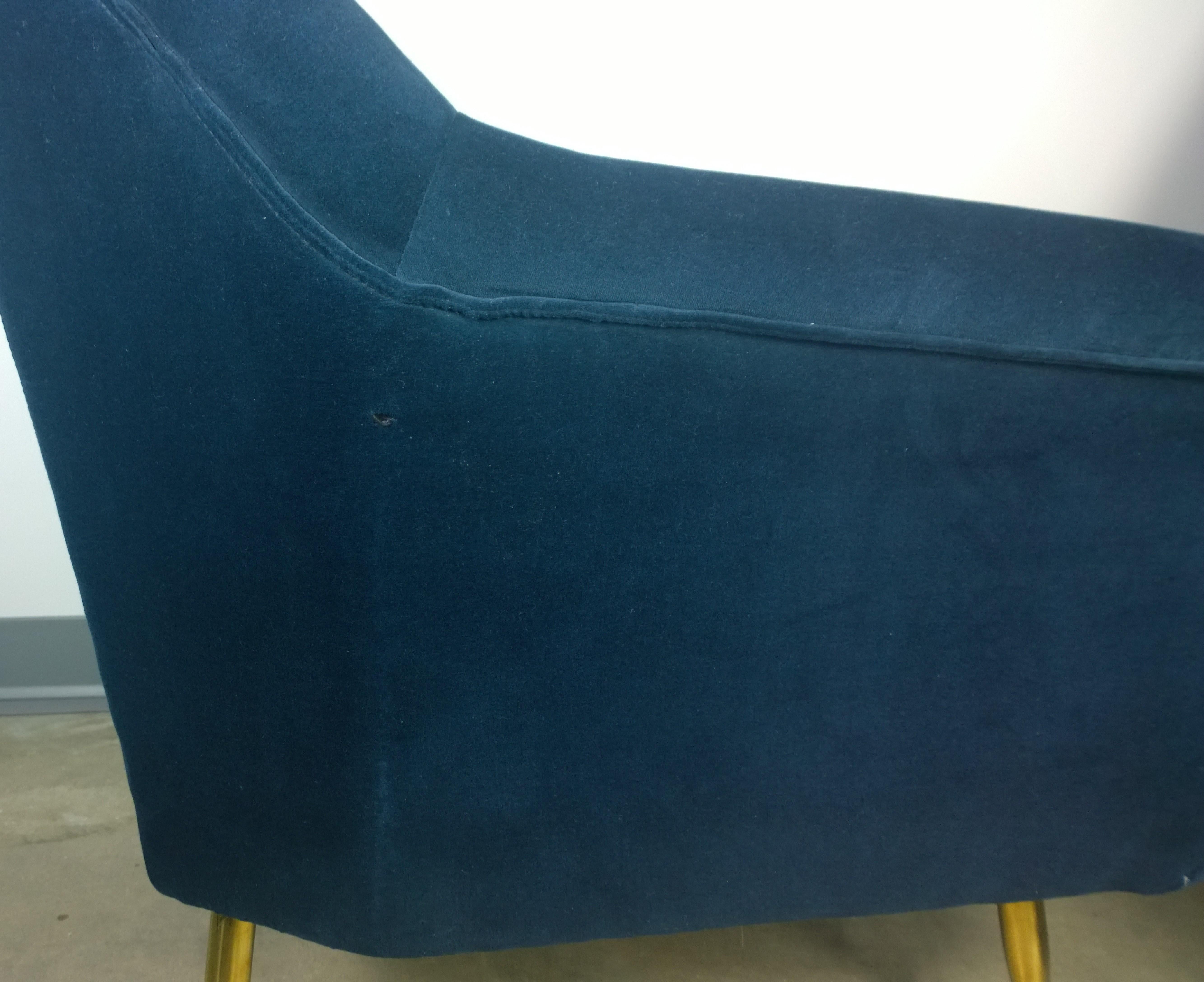 Pair of Zanuso Style Navy Blue Velvet and Brass Legs Lounge or Armchairs 10