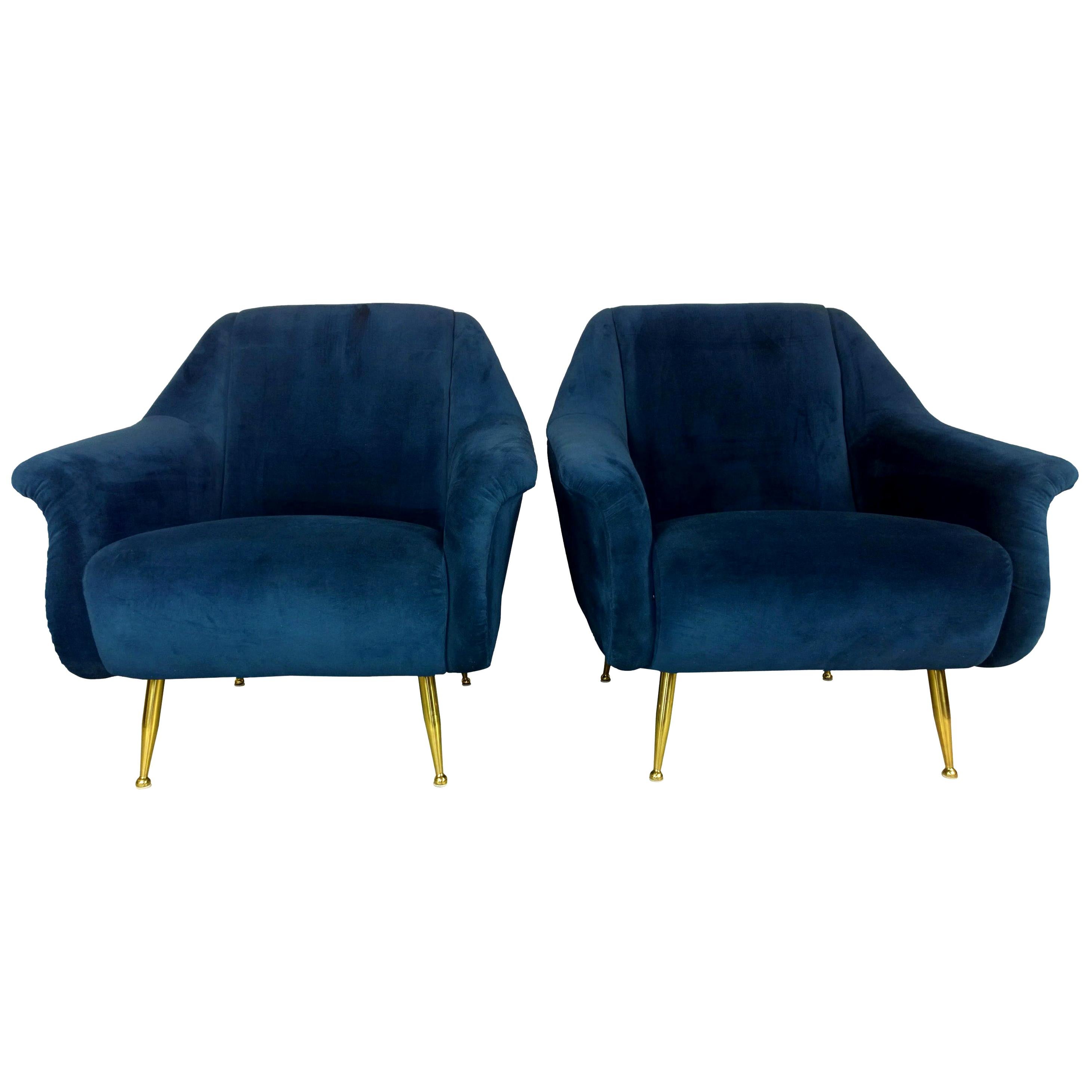 Pair of Zanuso Style Navy Blue Velvet and Brass Legs Lounge or Armchairs