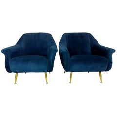 Pair of Zanuso Style Navy Blue Velvet and Brass Legs Lounge or Armchairs