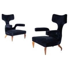Used Pair of Zavanella Wood and Black Velvet Chairs