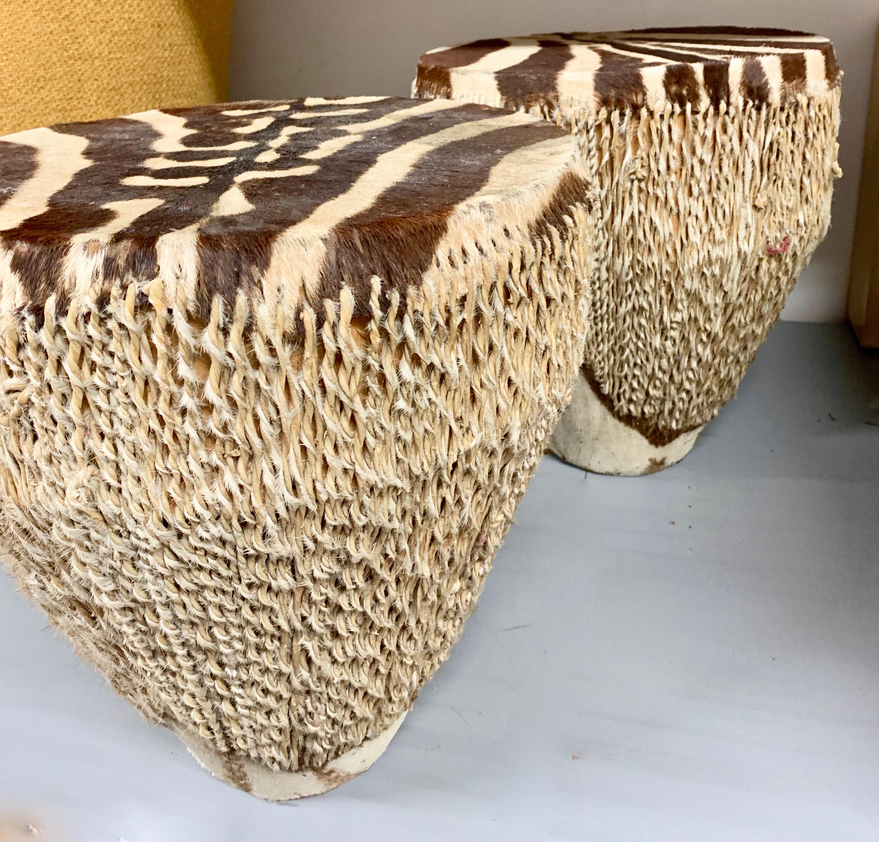 Pair of Zebra drum tables - handsome pair to compliment many rooms adding a textural or ethnic feel - well suited for light side or martini tables.