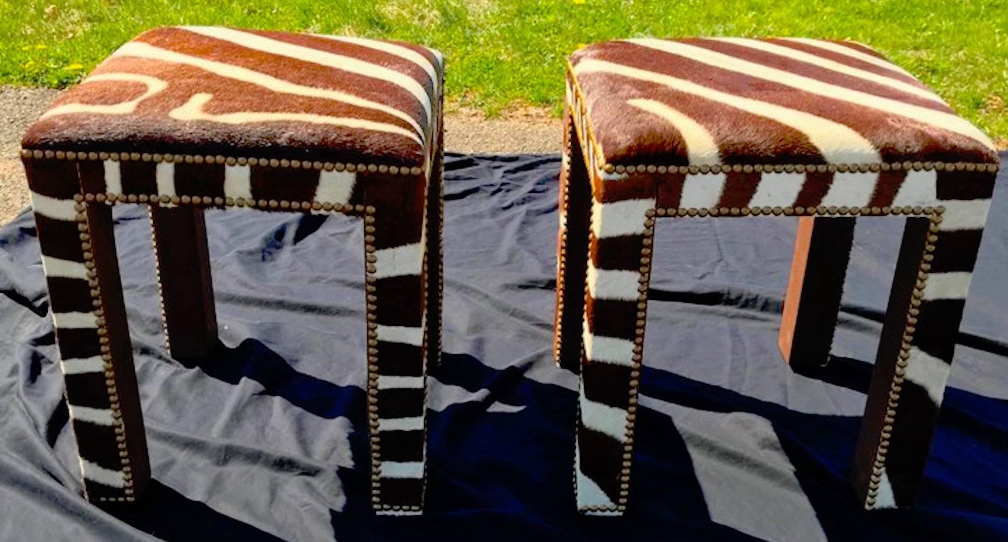 Modern Pair of Zebra Hide Parsons Benches