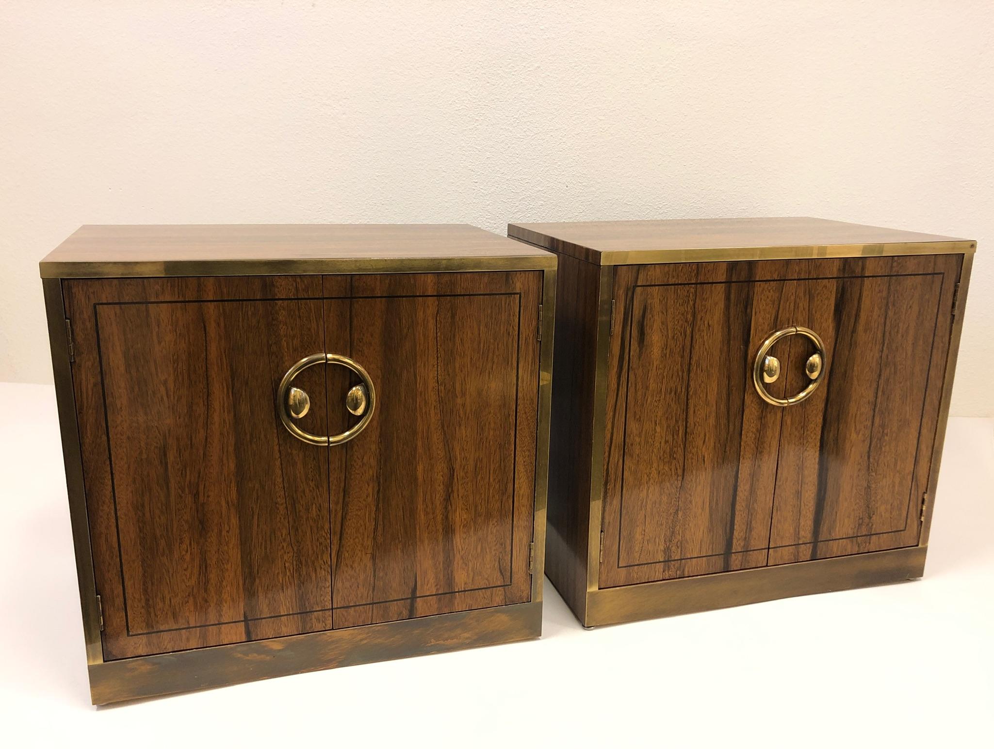 Pair of Zebra Wood and Brass Nightstands by Mastercraft 2