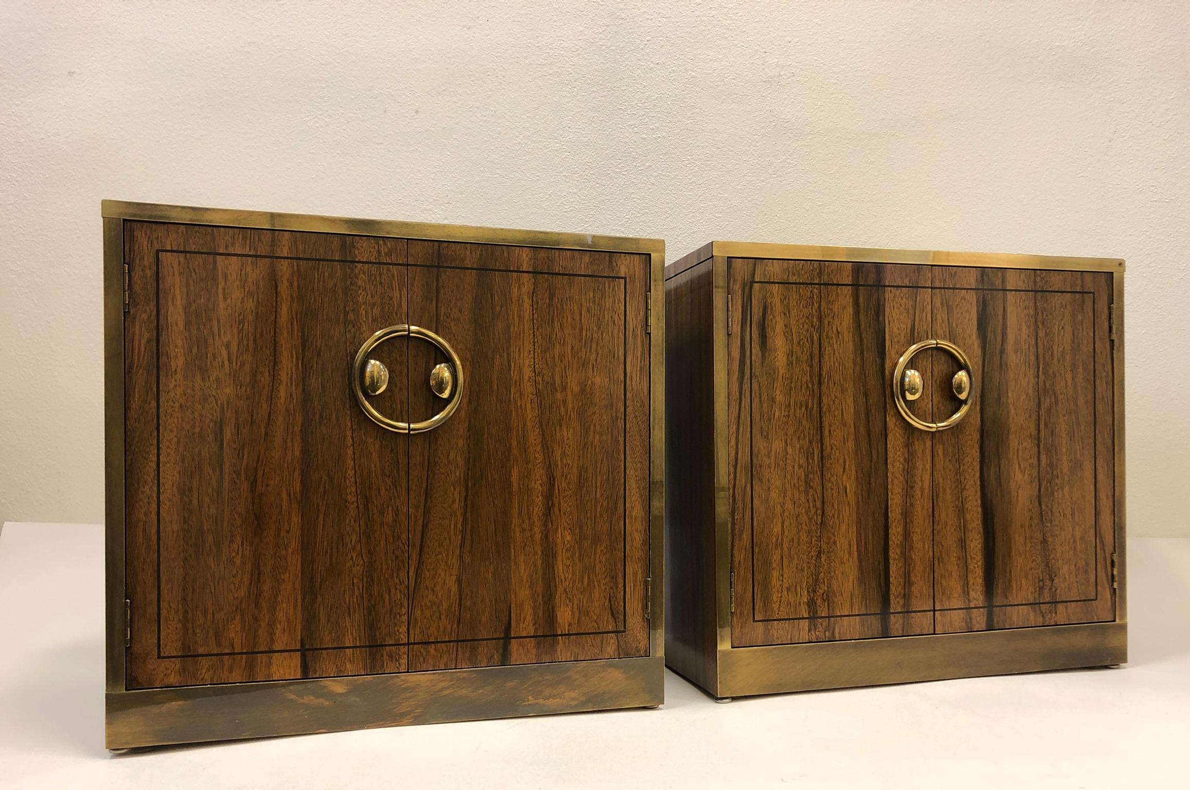 Pair of Zebra Wood and Brass Nightstands by Mastercraft 3