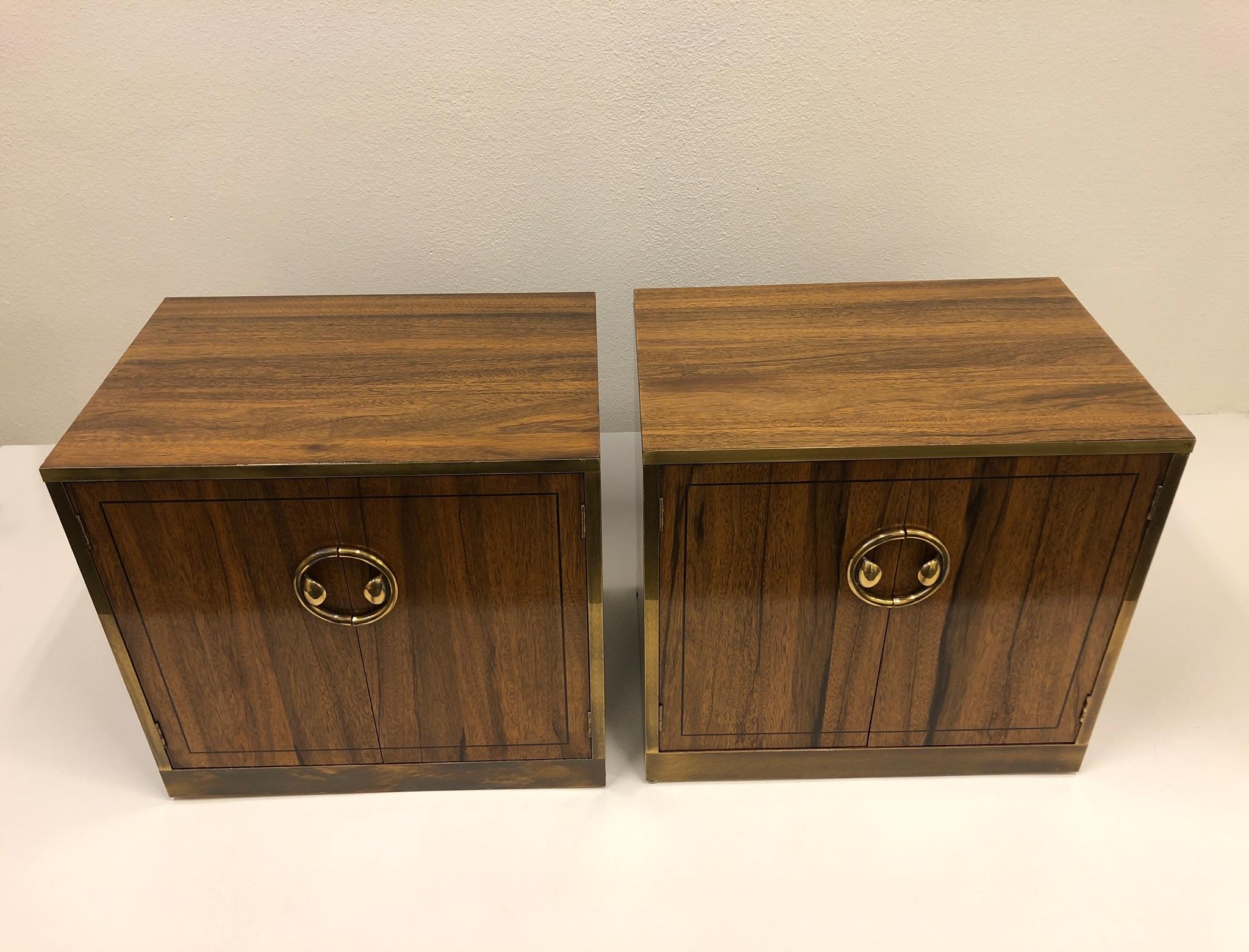 Pair of Zebra Wood and Brass Nightstands by Mastercraft 4