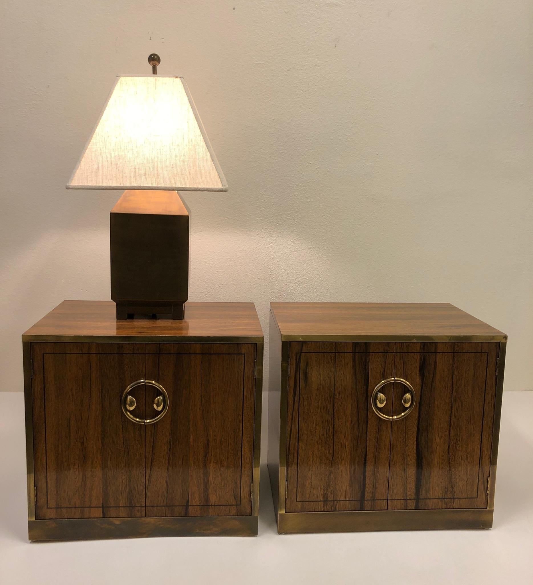 Pair of Zebra Wood and Brass Nightstands by Mastercraft 5