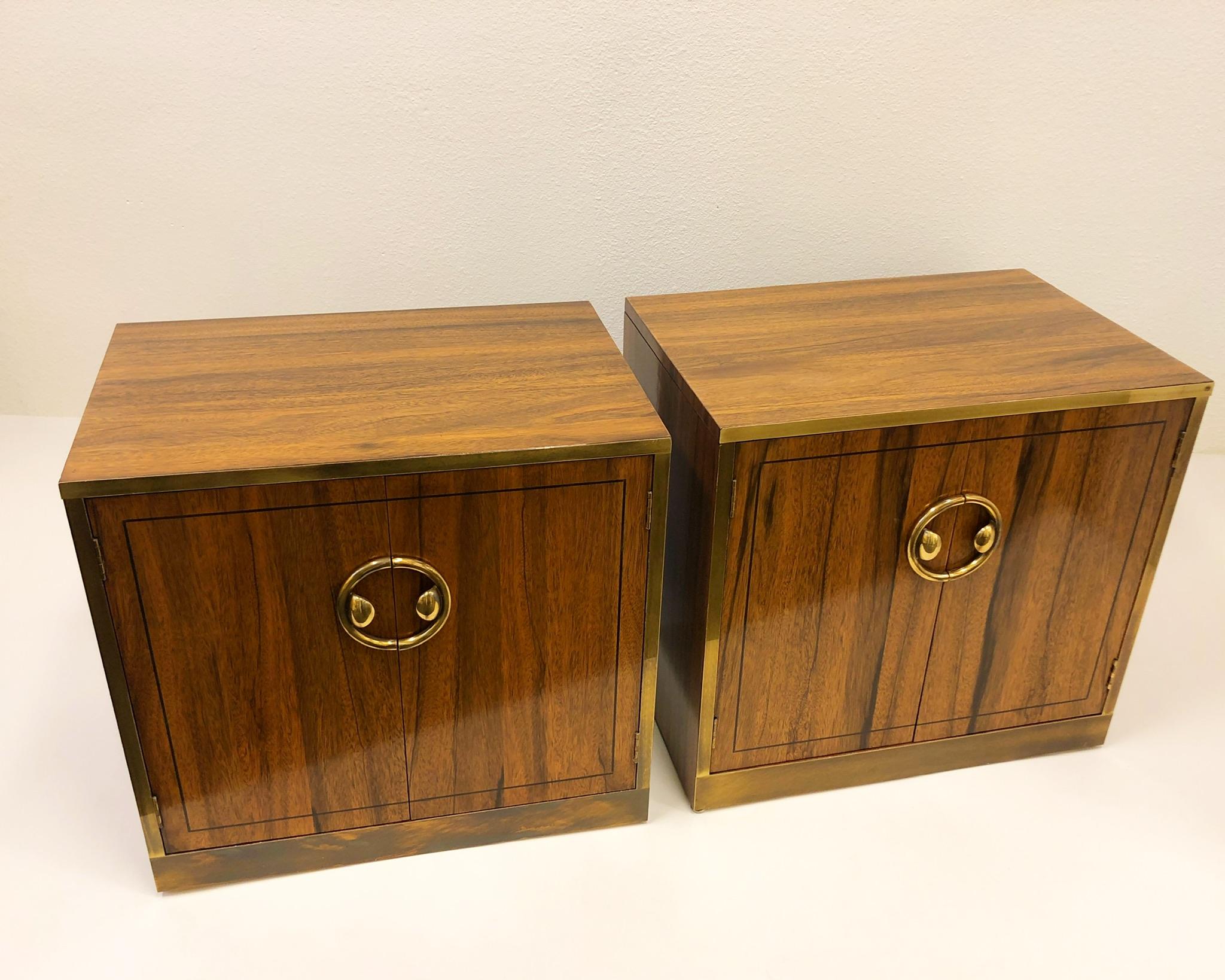 Modern Pair of Zebra Wood and Brass Nightstands by Mastercraft