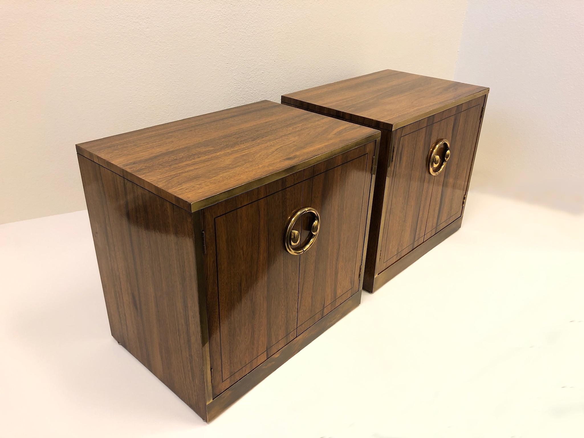 Pair of Zebra Wood and Brass Nightstands by Mastercraft In Good Condition In Palm Springs, CA