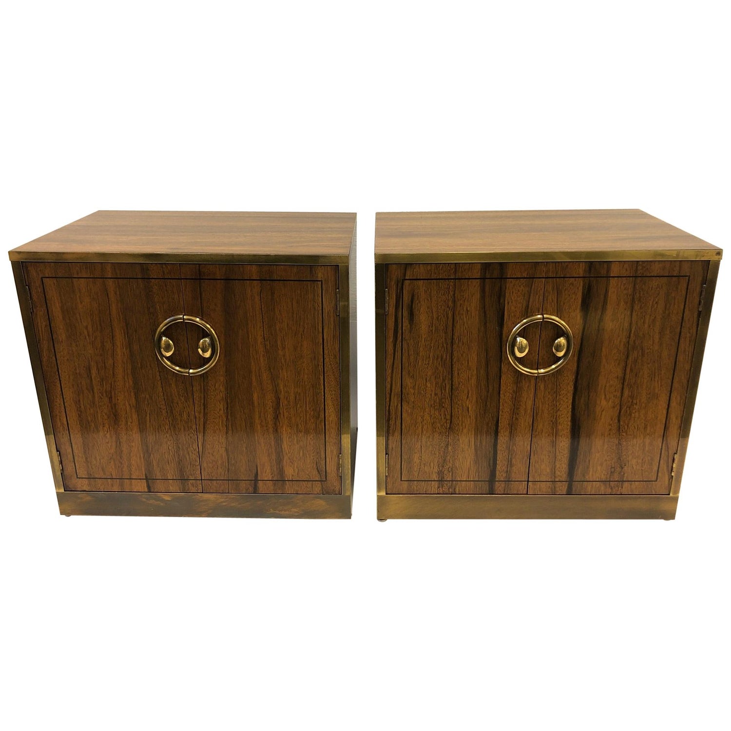 Pair Of Zebra Wood And Brass Nightstands By Mastercraft For Sale
