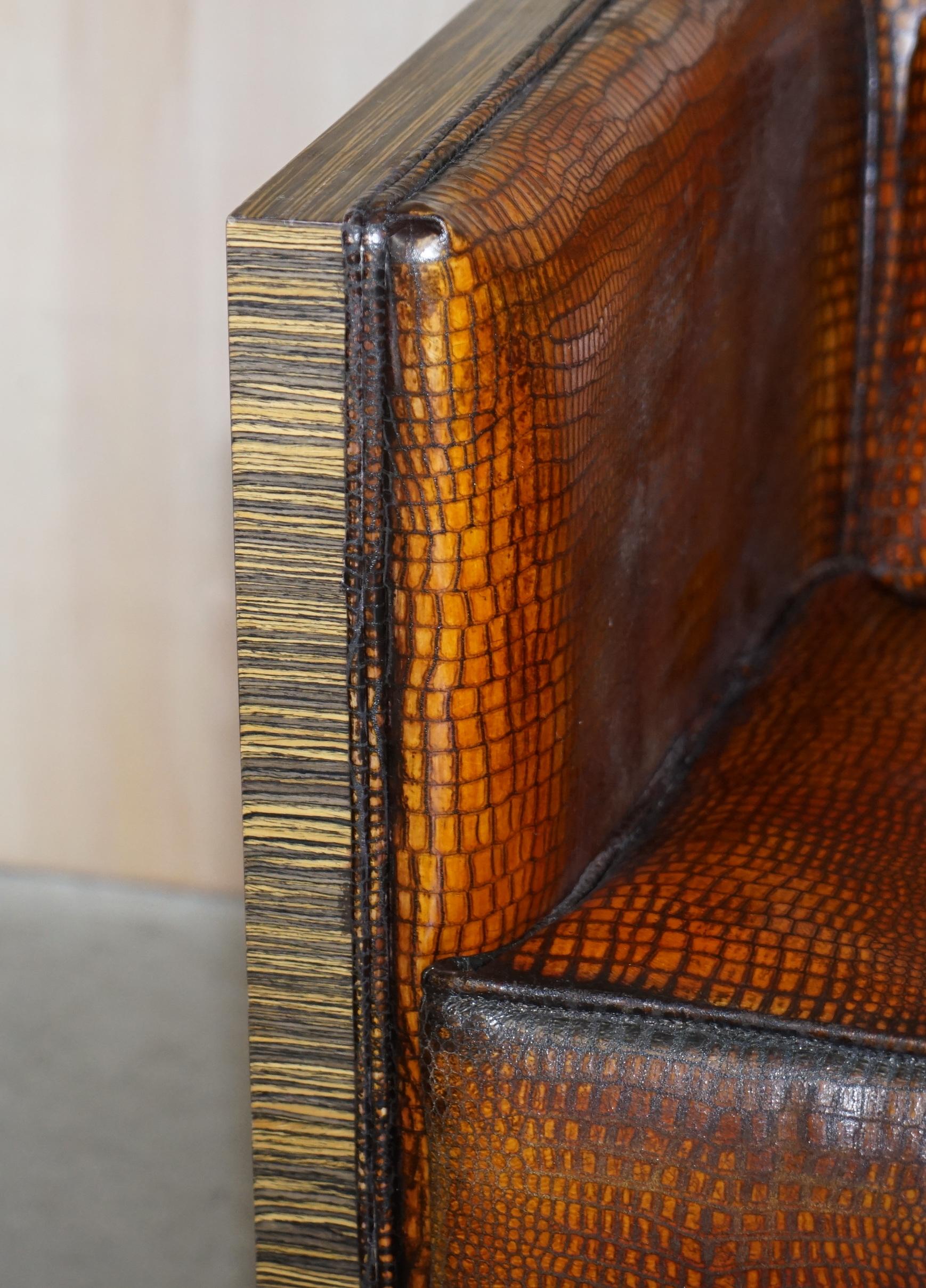 Paire de fauteuils pivotants en Zebrano Wood Crocodile Alligator Patina Brown Leather en vente 3